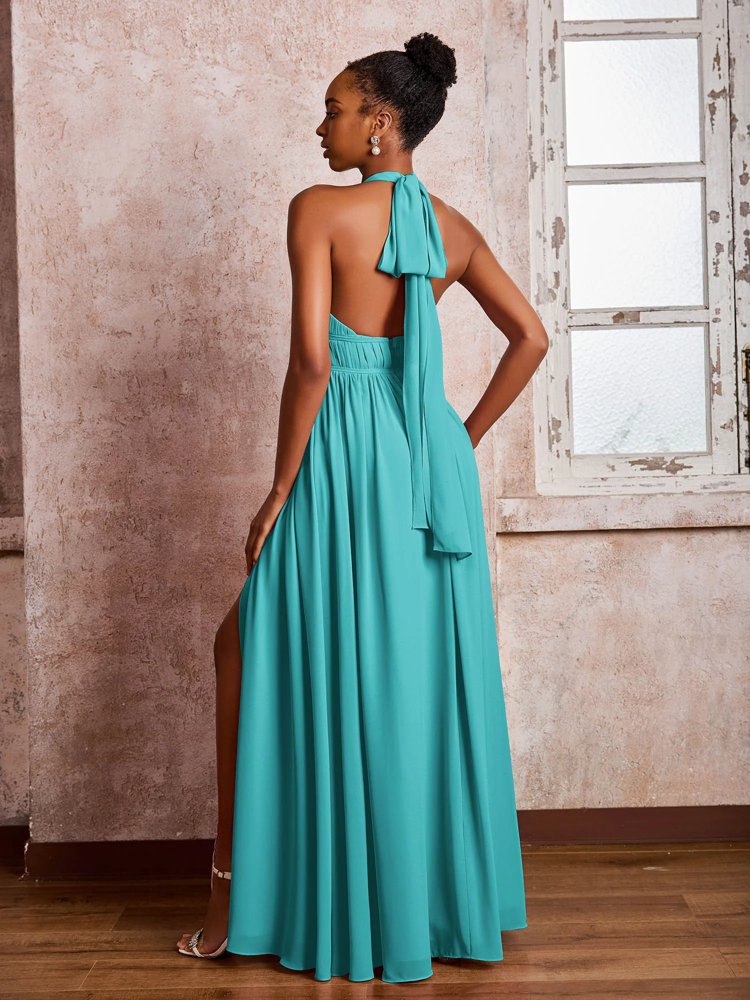 Ruched Halter Chiffon Maxi Dresses with Slit Jade - Image 2