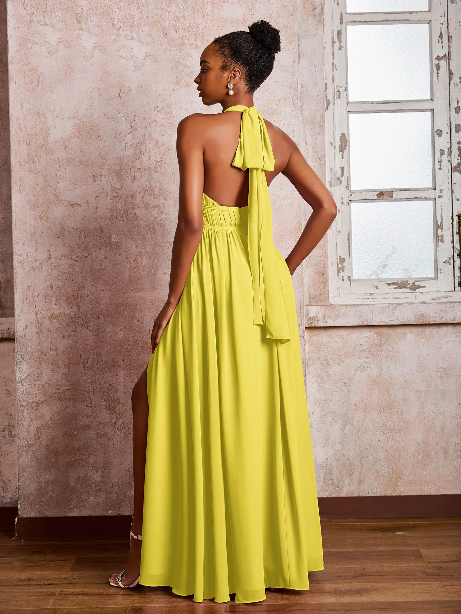 Ruched Halter Chiffon Maxi Dresses with Slit Lemon - Image 2