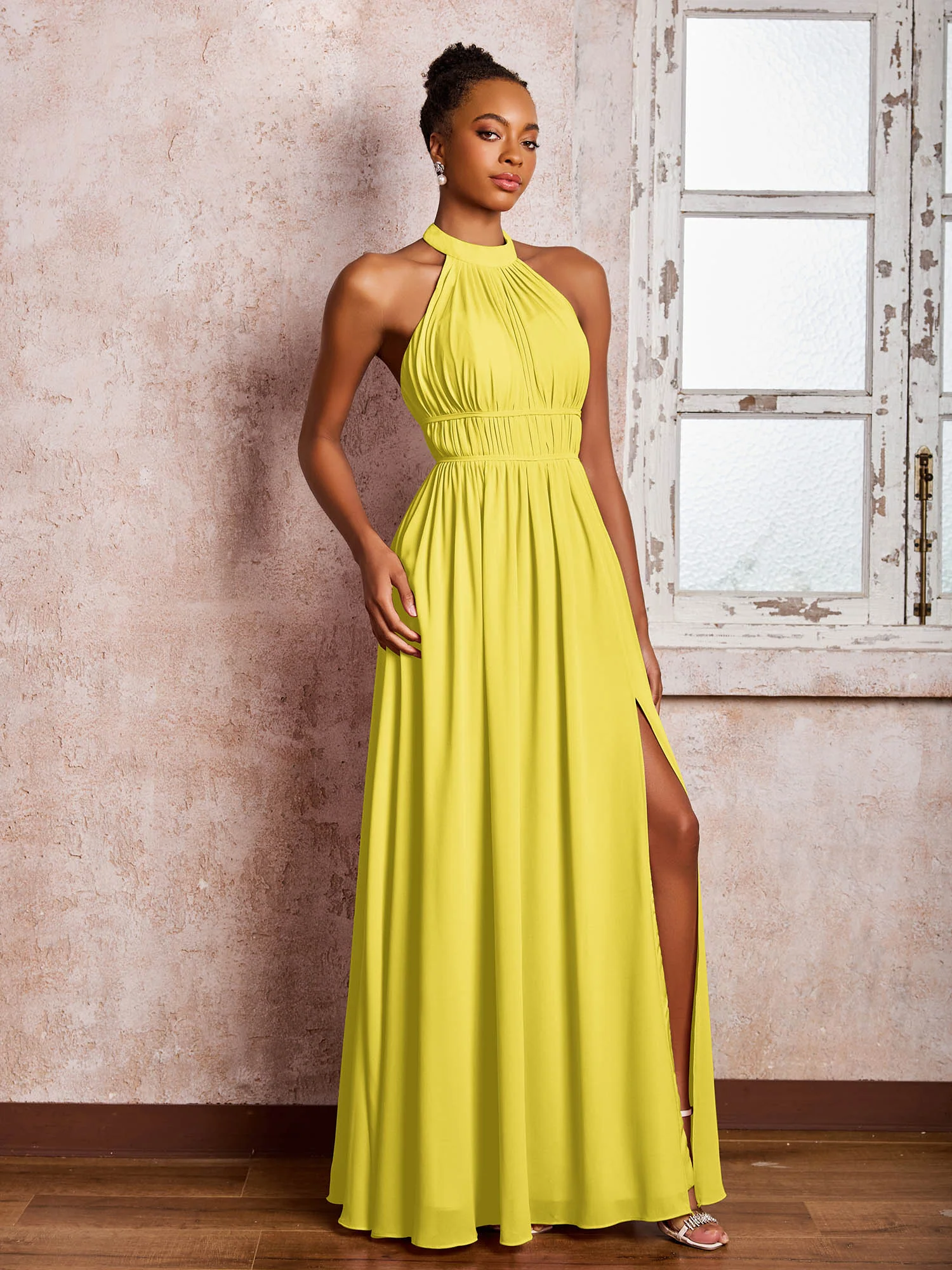 Ruched Halter Chiffon Maxi Dresses with Slit Lemon - Image 3