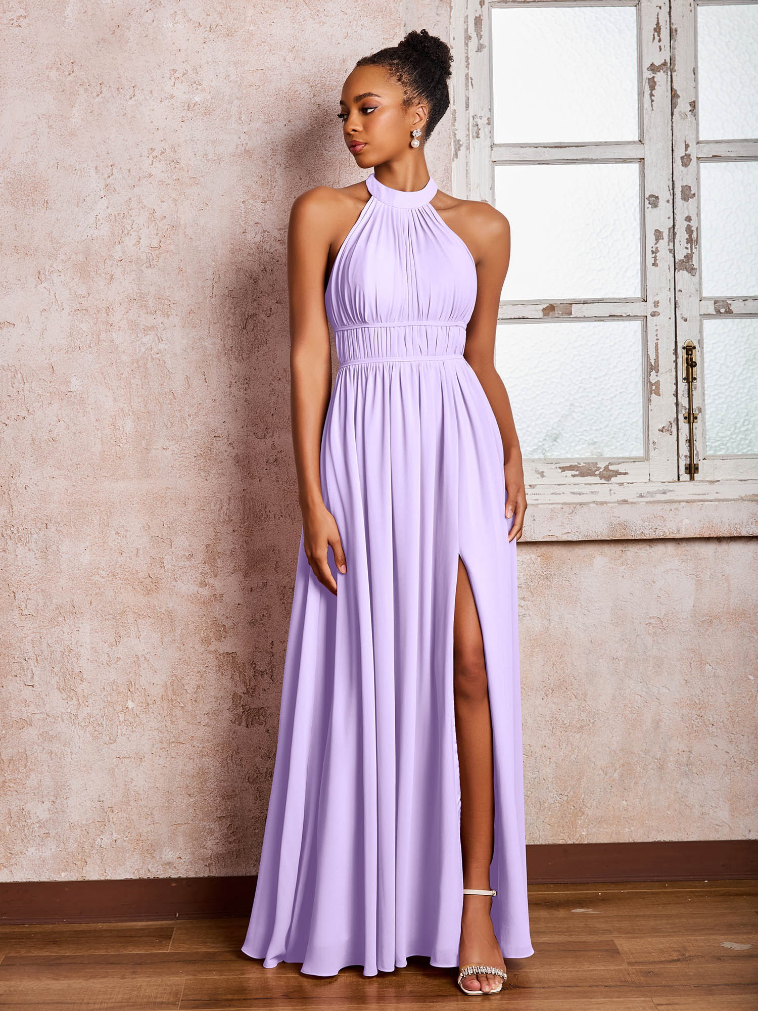 Ruched Halter Chiffon Maxi Dresses with Slit Lilac