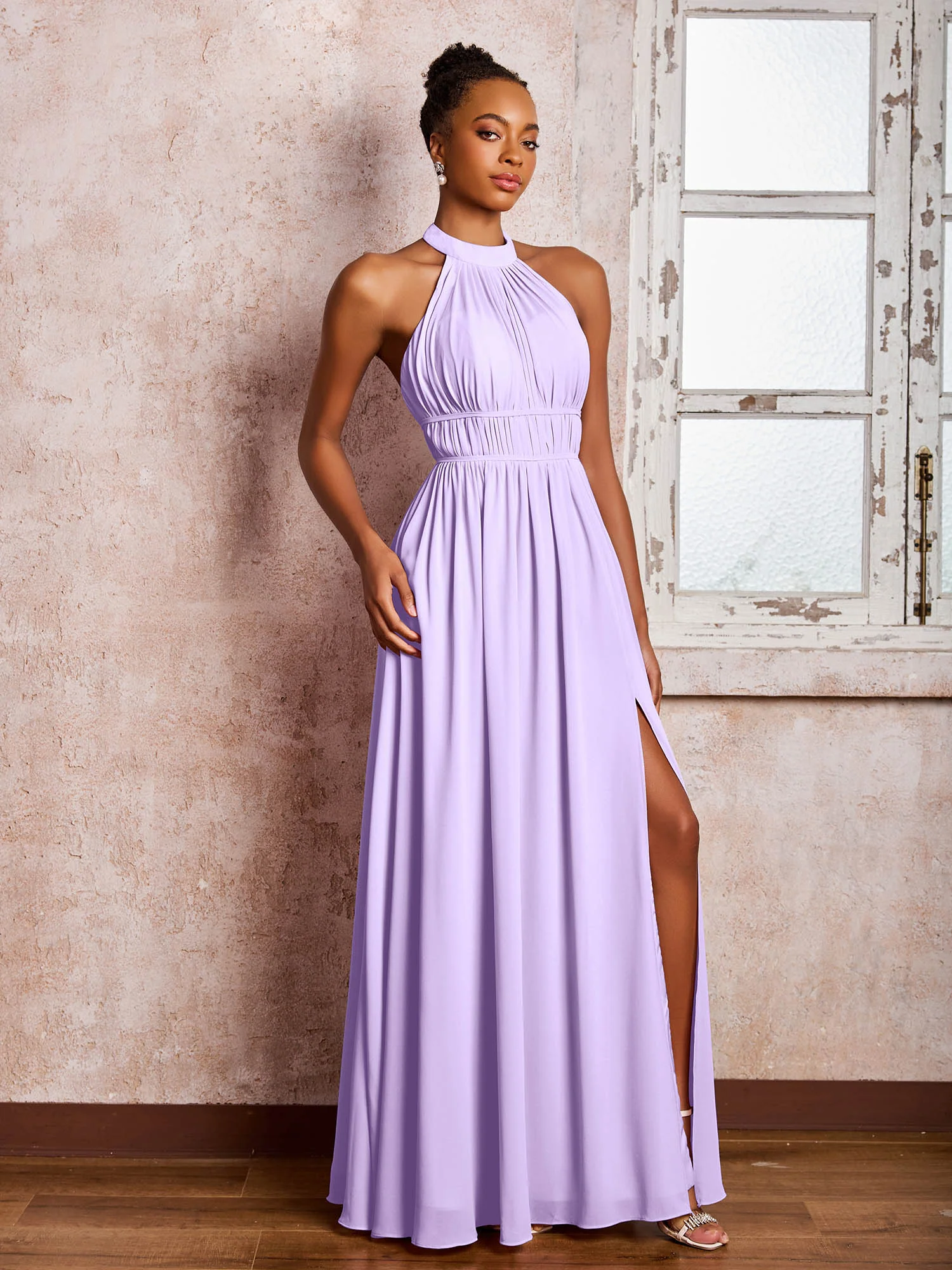 Ruched Halter Chiffon Maxi Dresses with Slit Lilac - Image 3