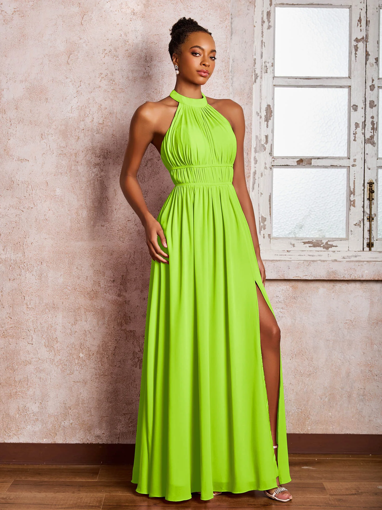 Ruched Halter Chiffon Maxi Dresses with Slit Lime Green - Image 3