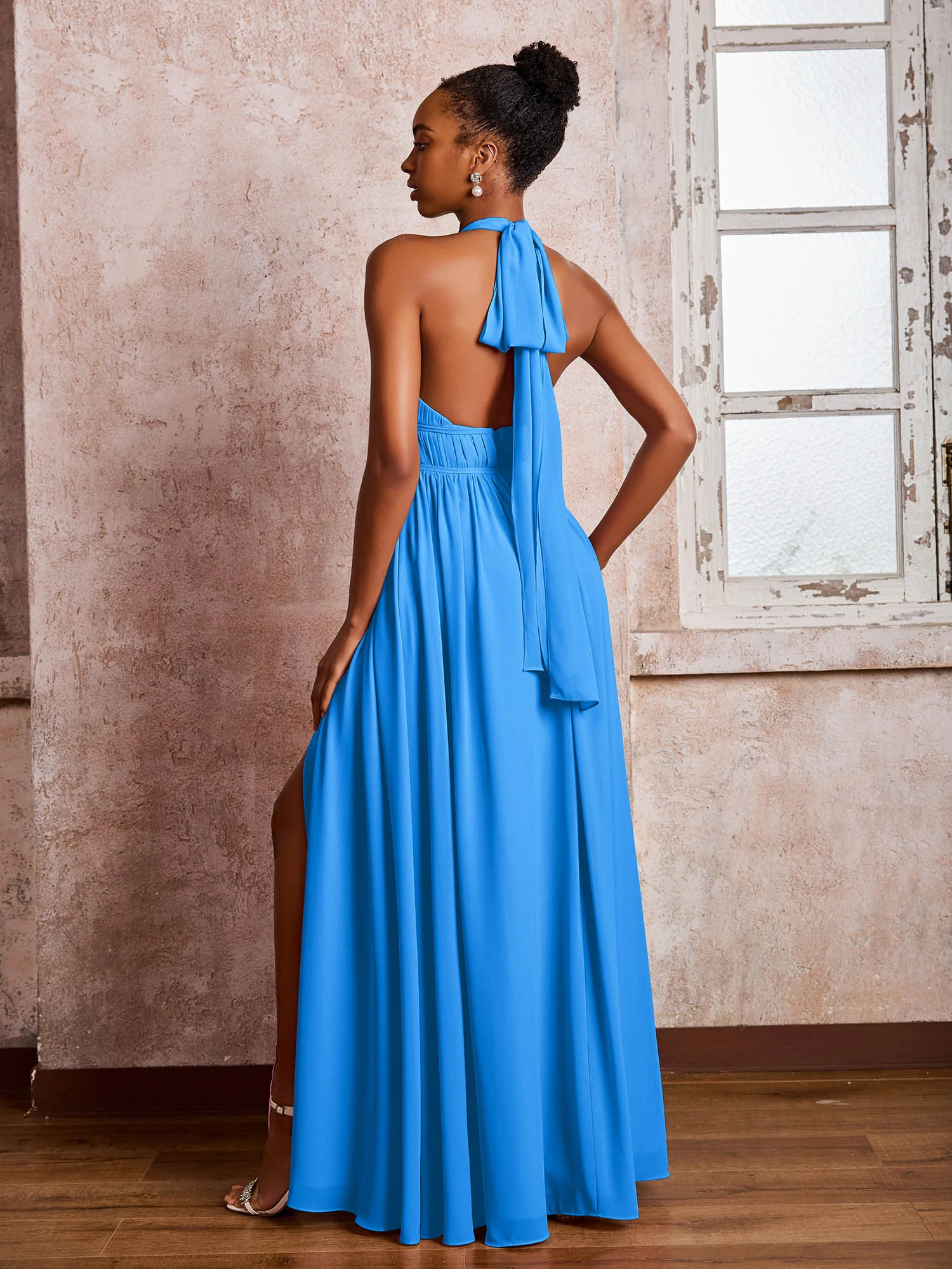 Ruched Halter Chiffon Maxi Dresses with Slit Ocean Blue - Image 2