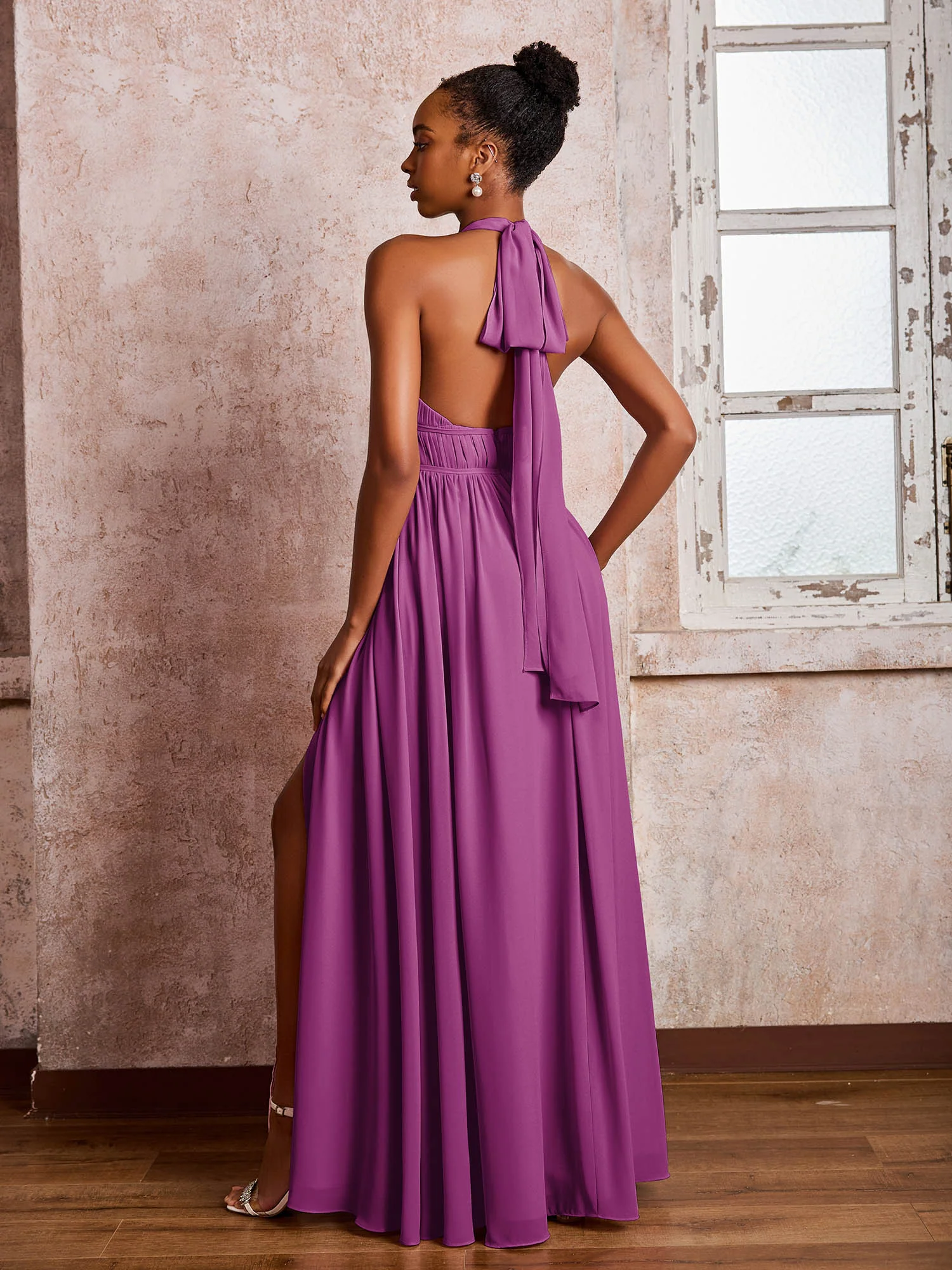 Ruched Halter Chiffon Maxi Dresses with Slit Orchid - Image 2