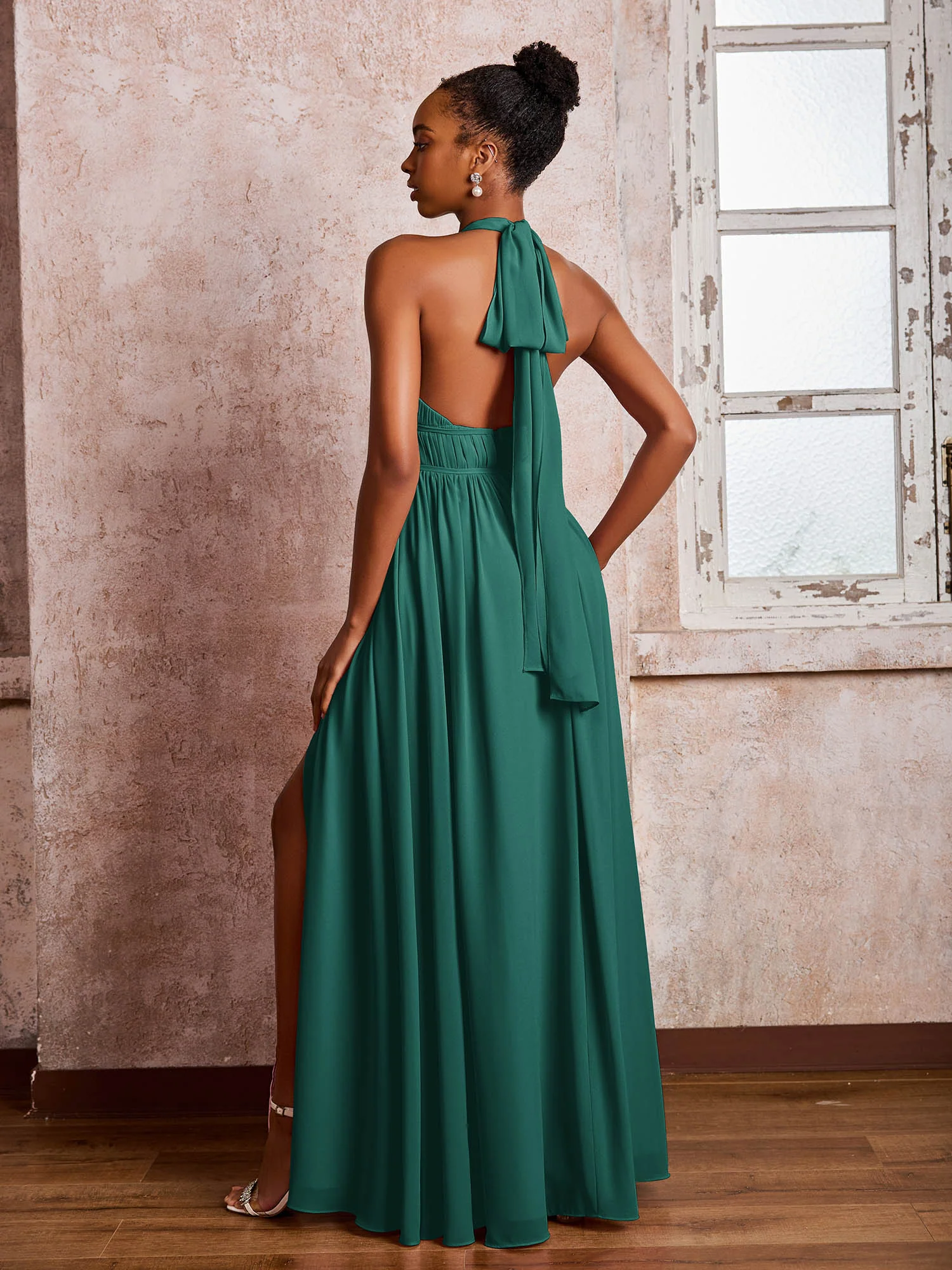 Ruched Halter Chiffon Maxi Dresses with Slit Peacock - Image 2