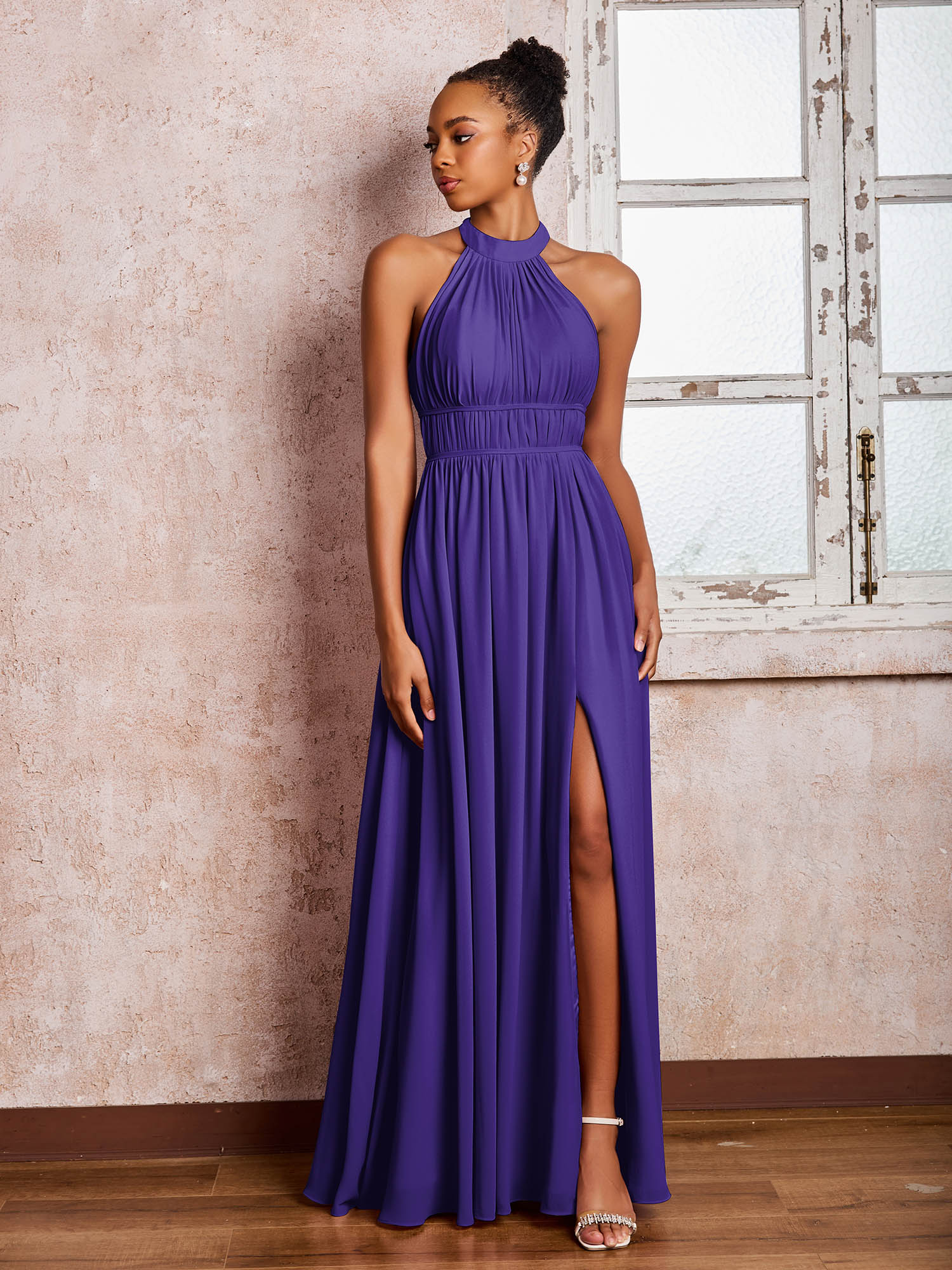 Ruched Halter Chiffon Maxi Dresses with Slit Regency