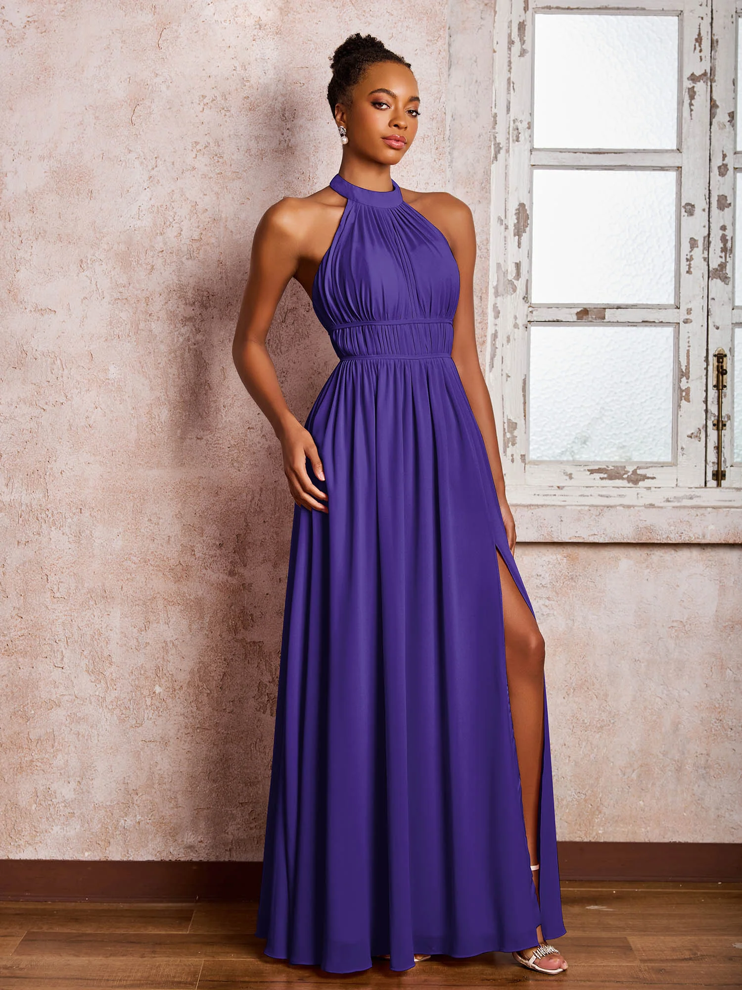 Ruched Halter Chiffon Maxi Dresses with Slit Regency - Image 3