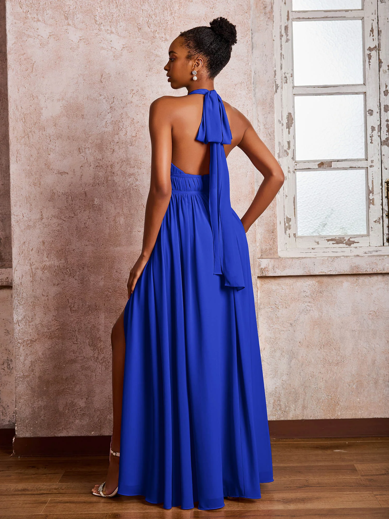 Ruched Halter Chiffon Maxi Dresses with Slit Royal Blue - Image 2