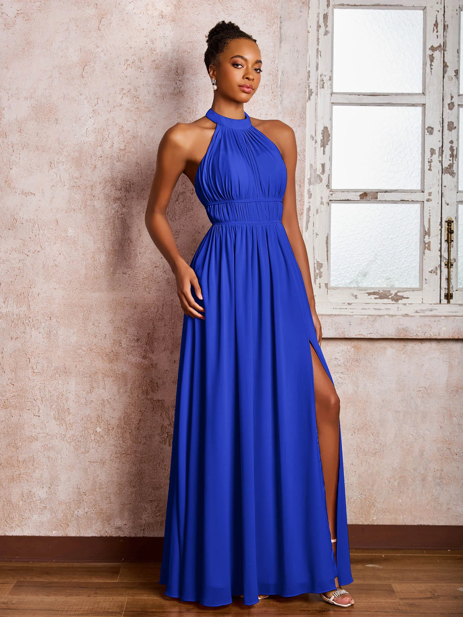 Ruched Halter Chiffon Maxi Dresses with Slit Royal Blue - Image 3