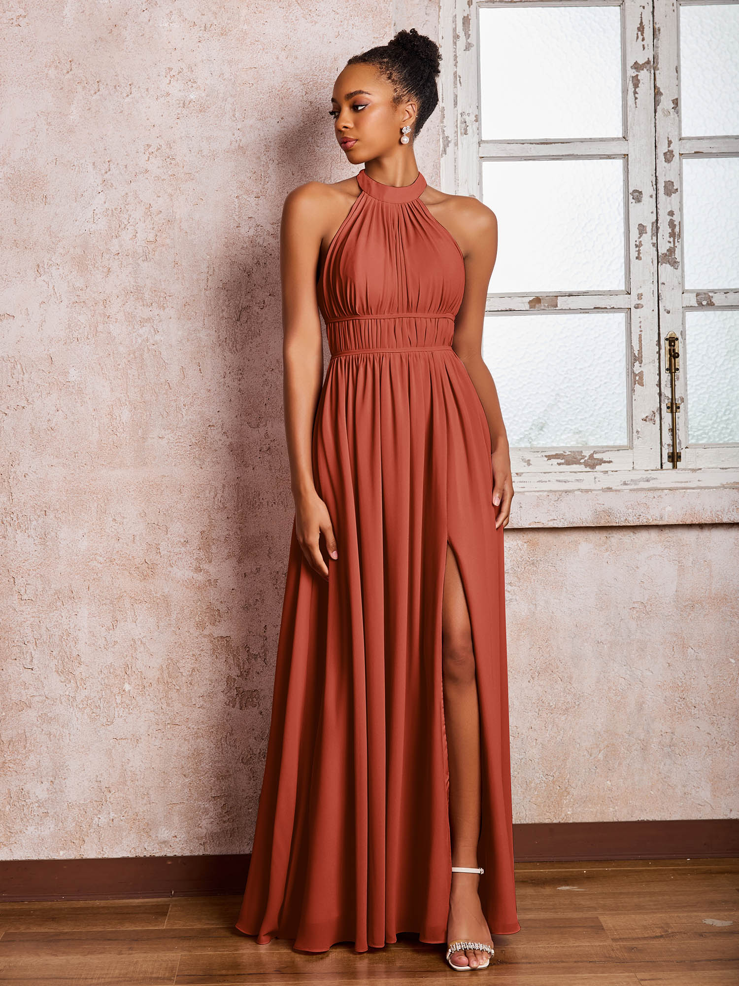 Ruched Halter Chiffon Maxi Dresses with Slit Rust