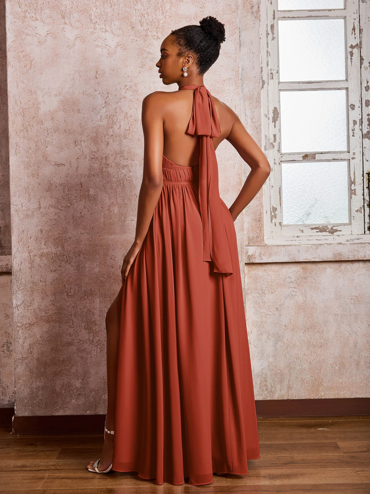 Ruched Halter Chiffon Maxi Dresses with Slit Rust - Image 2