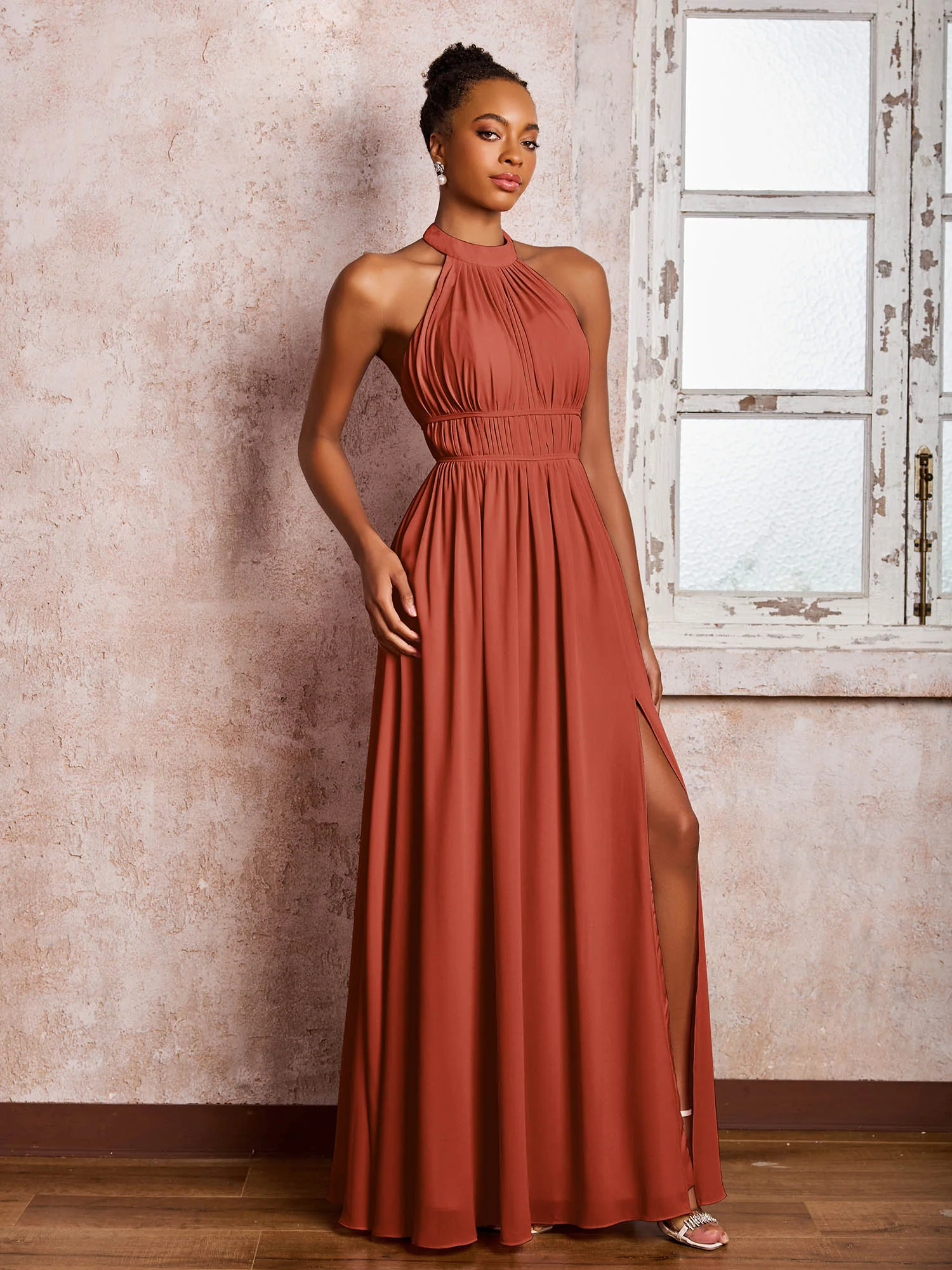 Ruched Halter Chiffon Maxi Dresses with Slit Rust - Image 3