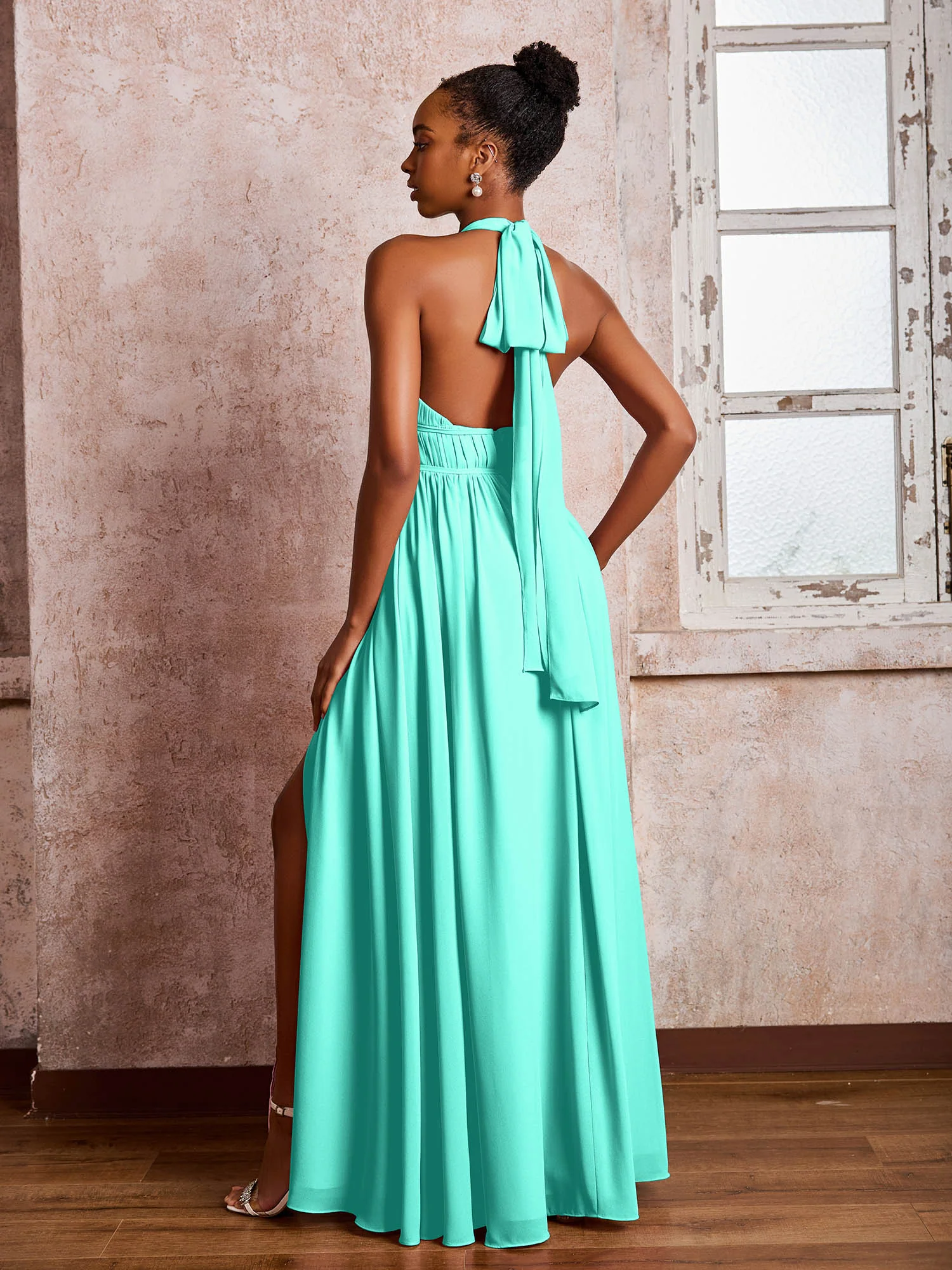 Ruched Halter Chiffon Maxi Dresses with Slit Spa - Image 2