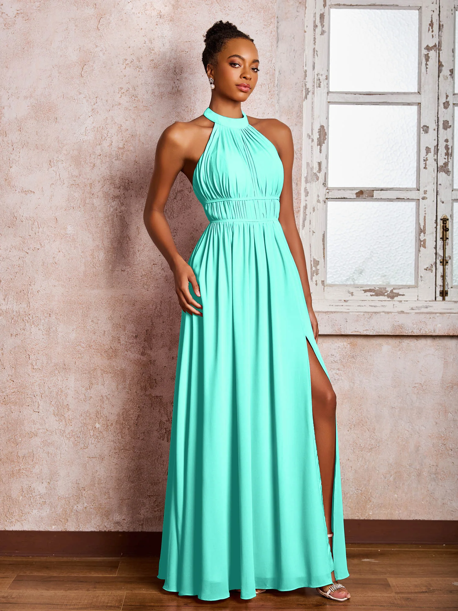 Ruched Halter Chiffon Maxi Dresses with Slit Spa - Image 3