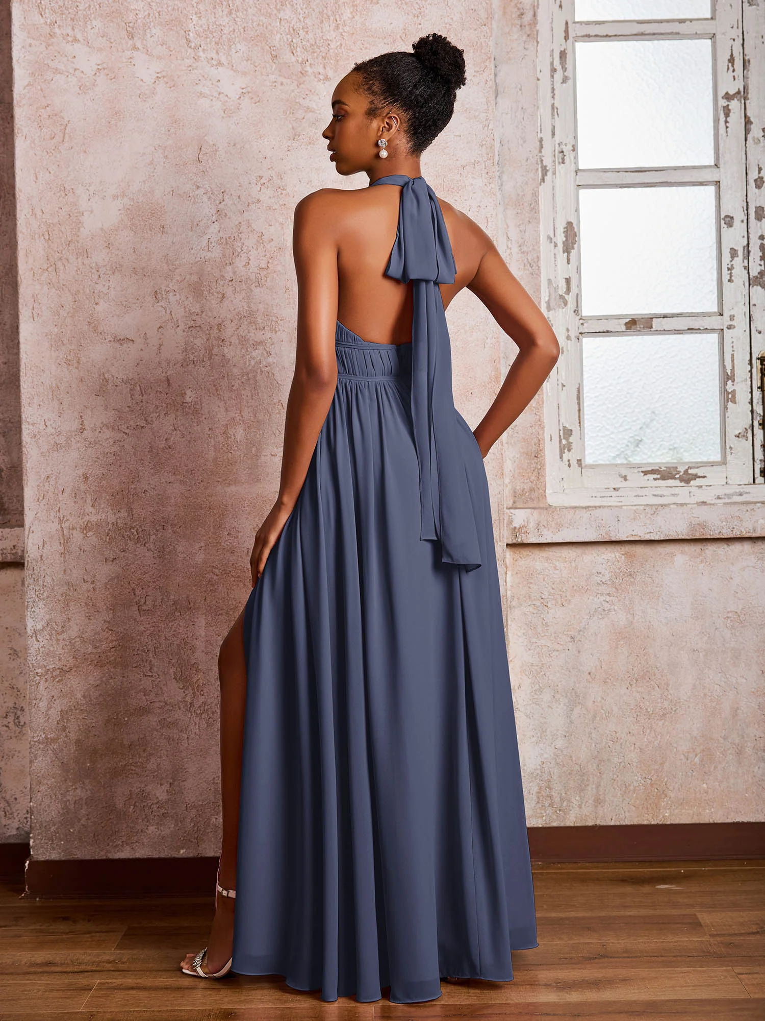 Ruched Halter Chiffon Maxi Dresses with Slit Stormy - Image 2