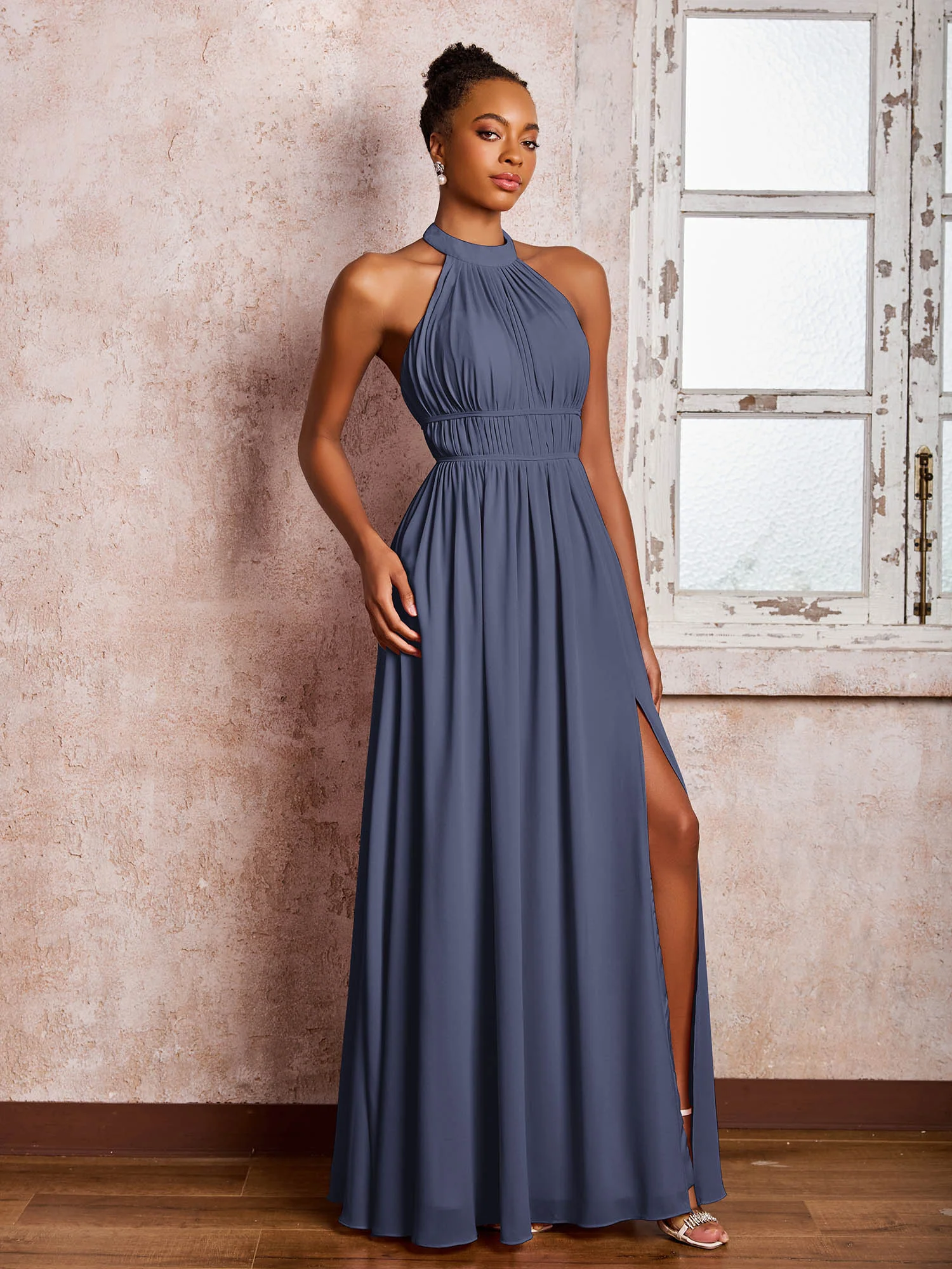 Ruched Halter Chiffon Maxi Dresses with Slit Stormy - Image 3