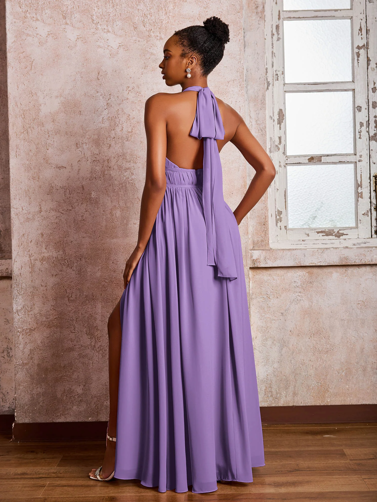 Ruched Halter Chiffon Maxi Dresses with Slit Tahiti - Image 2