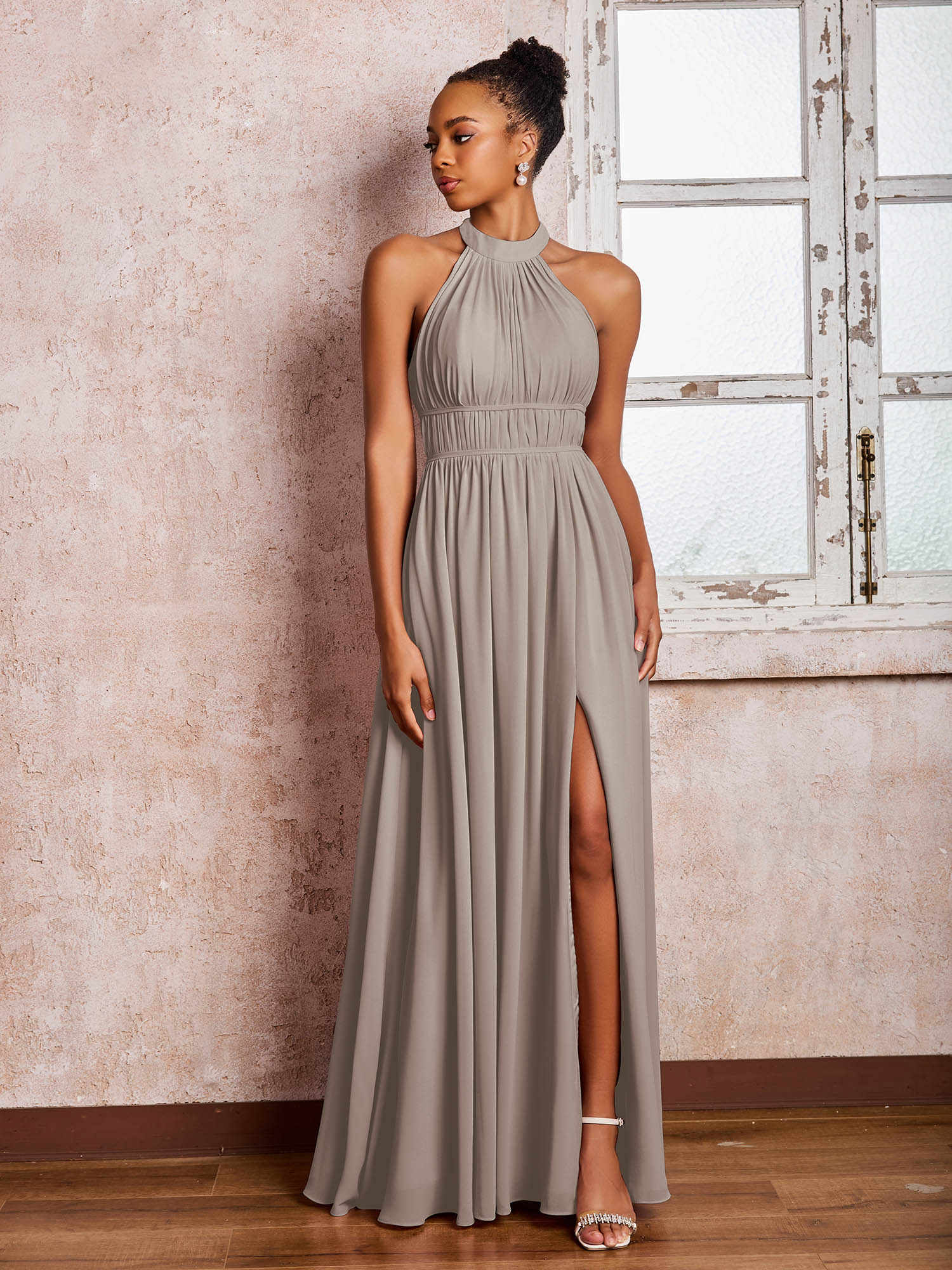 Ruched Halter Chiffon Maxi Dresses with Slit Taupe