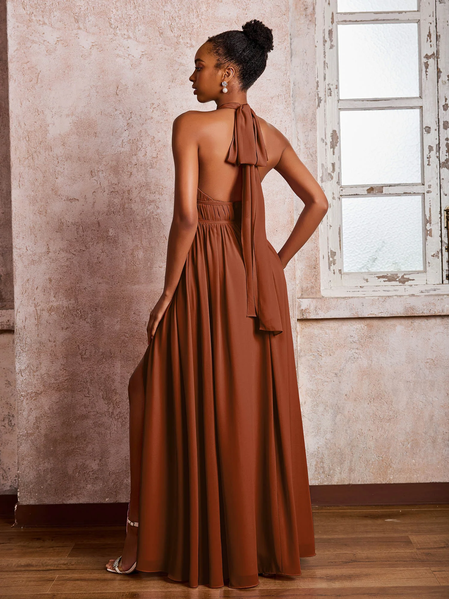 Ruched Halter Chiffon Maxi Dresses with Slit Terracotta - Image 2