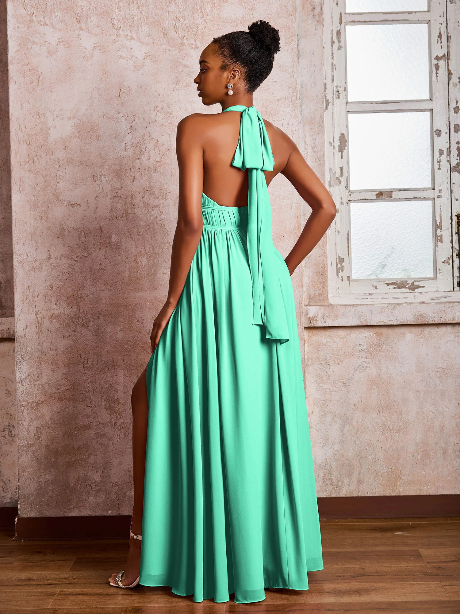 Ruched Halter Chiffon Maxi Dresses with Slit Turquoise - Image 2