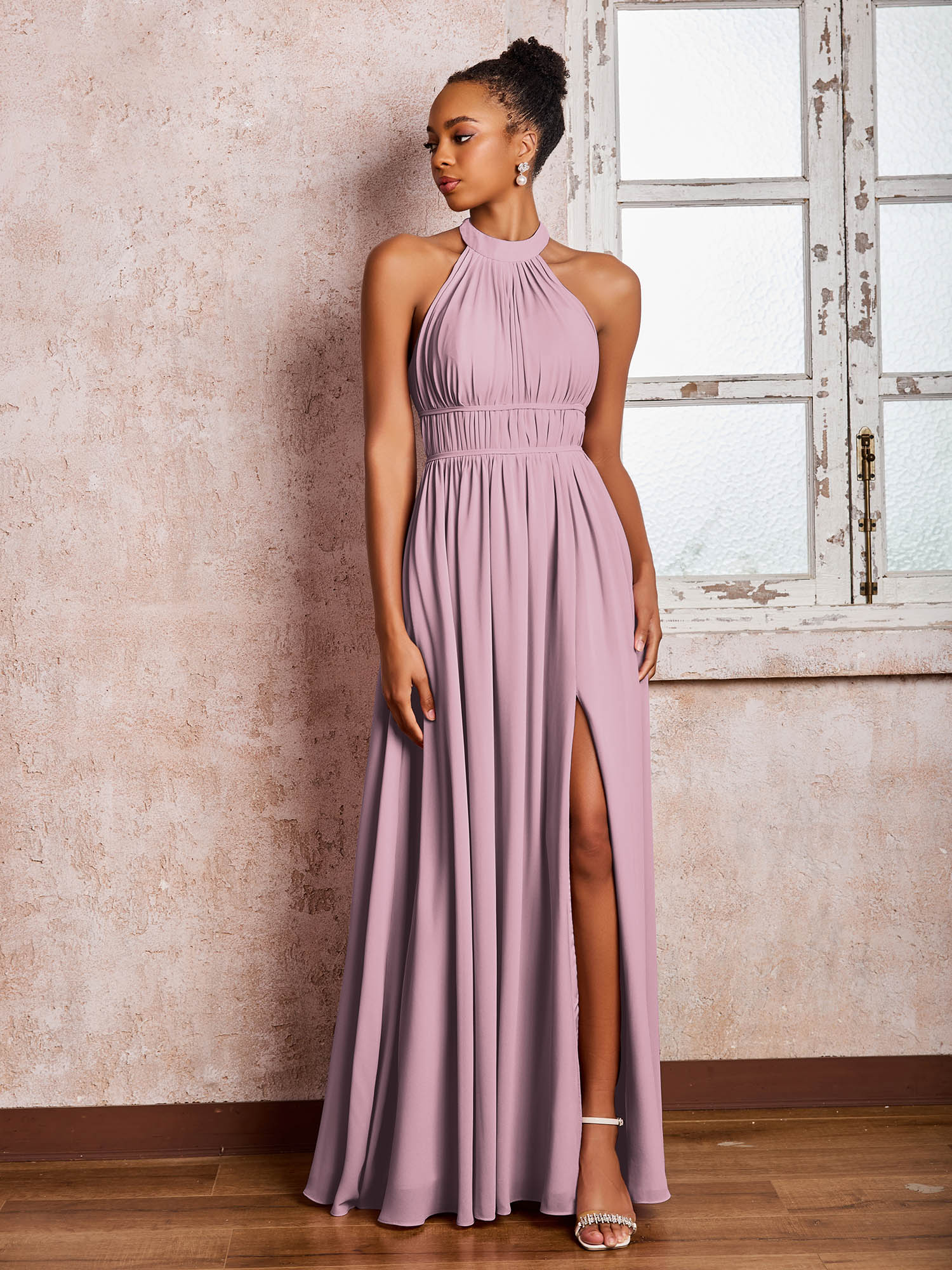 Ruched Halter Chiffon Maxi Dresses with Slit Vintage Mauve
