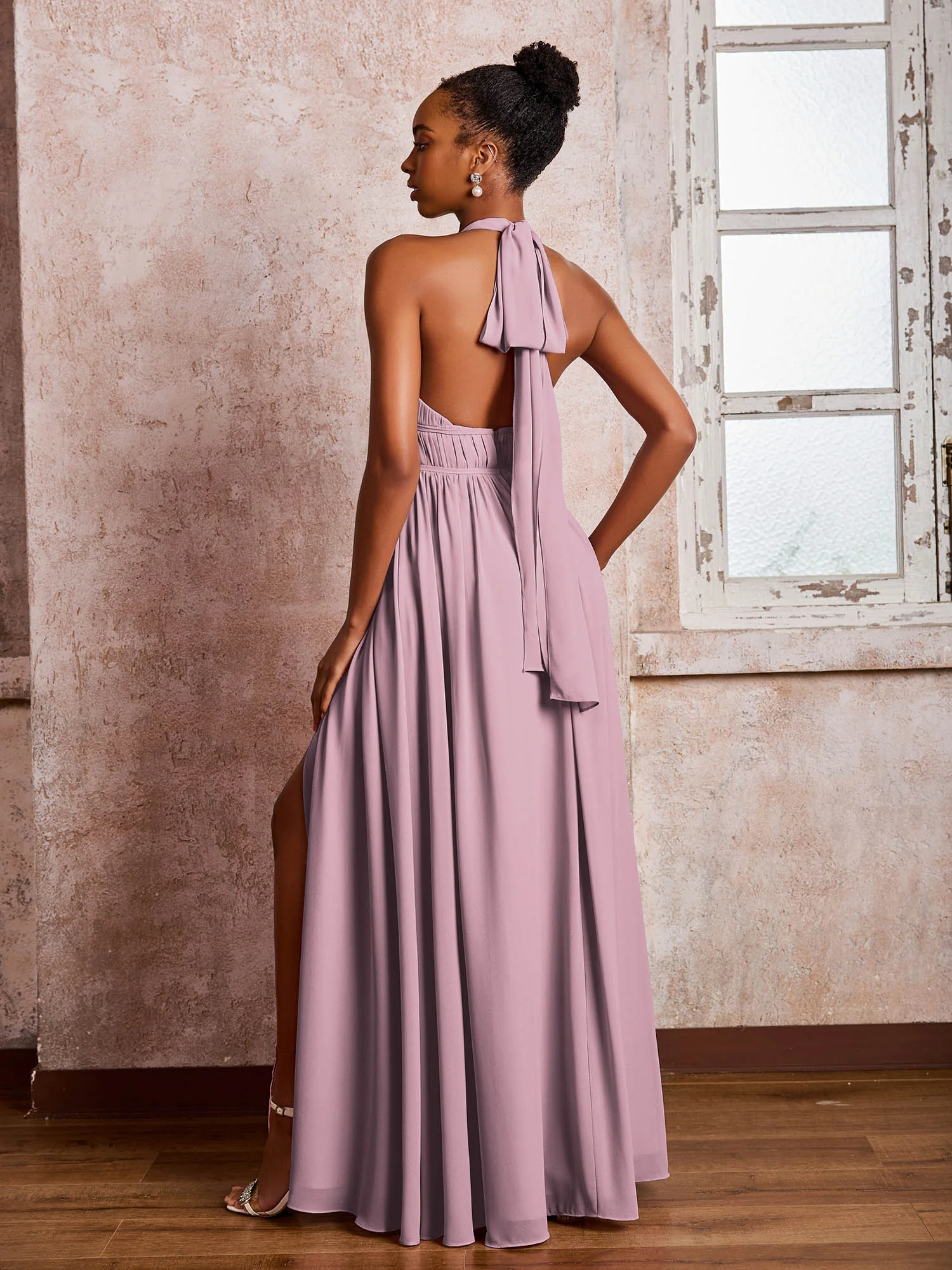 Ruched Halter Chiffon Maxi Dresses with Slit Vintage Mauve - Image 2