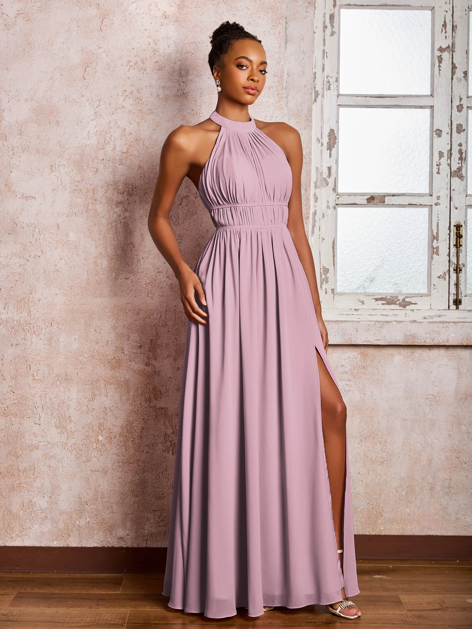 Ruched Halter Chiffon Maxi Dresses with Slit Vintage Mauve - Image 3