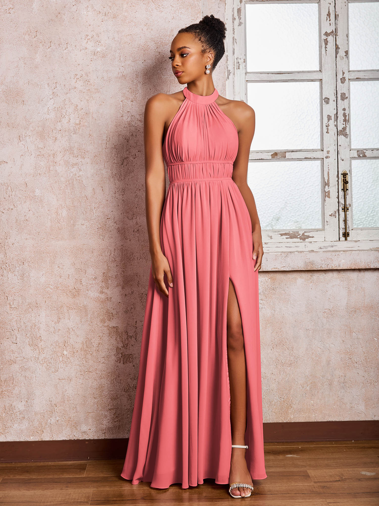 Ruched Halter Chiffon Maxi Dresses with Slit Watermelon