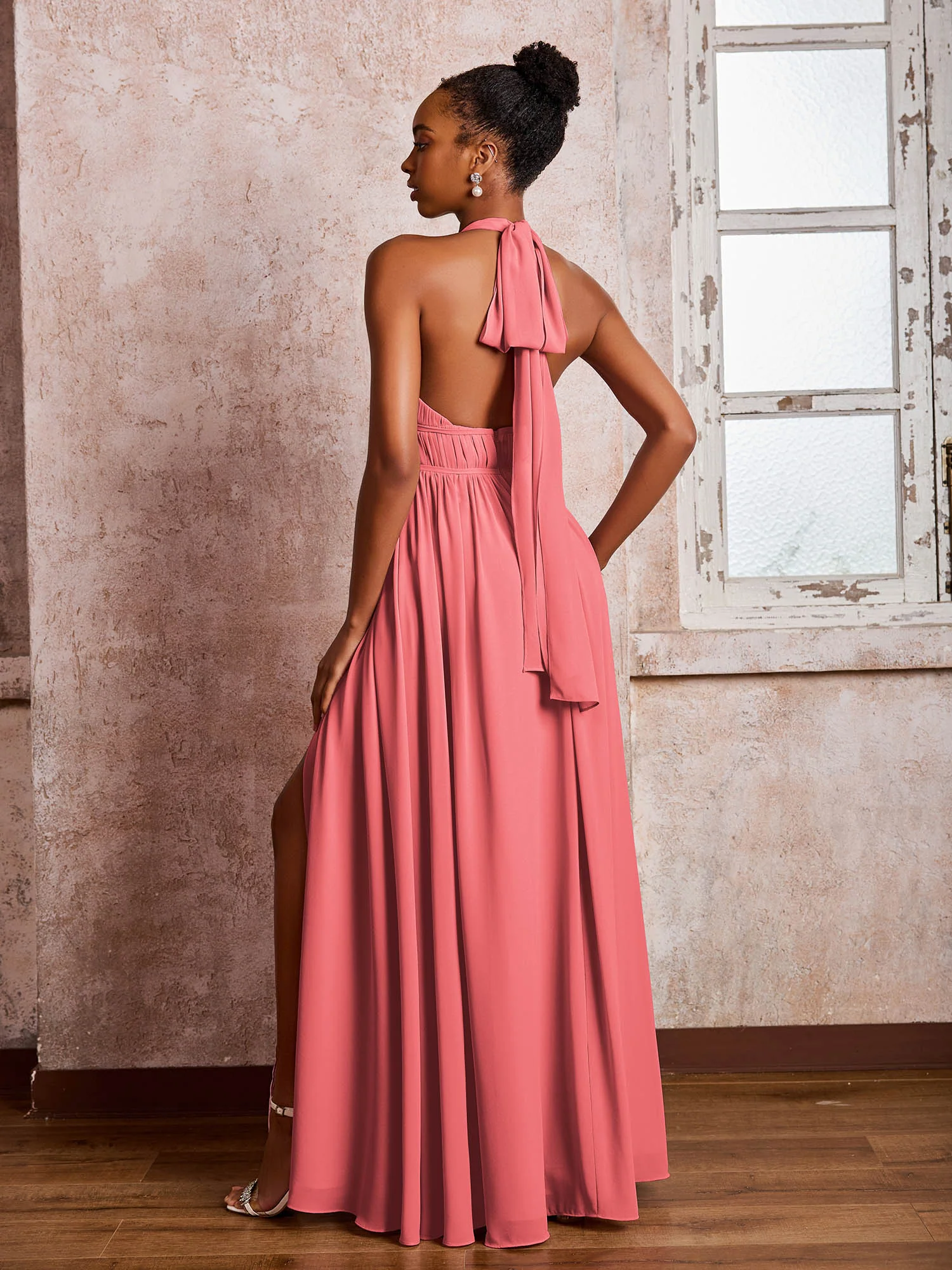 Ruched Halter Chiffon Maxi Dresses with Slit Watermelon - Image 2