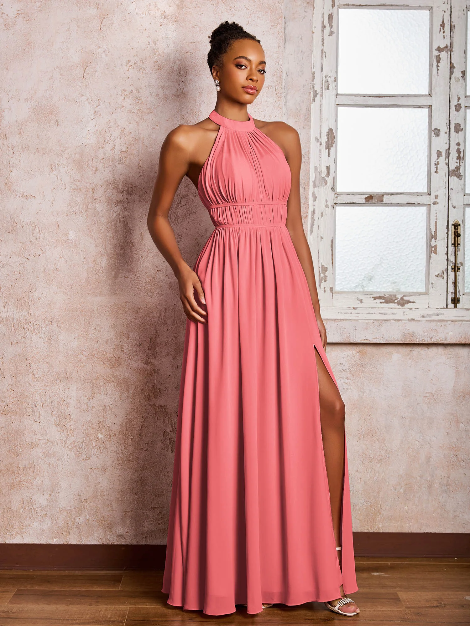 Ruched Halter Chiffon Maxi Dresses with Slit Watermelon - Image 3