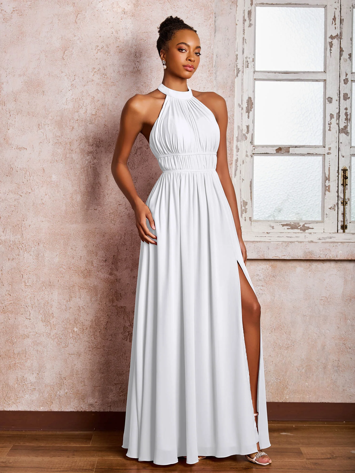 Ruched Halter Chiffon Maxi Dresses with Slit White - Image 3