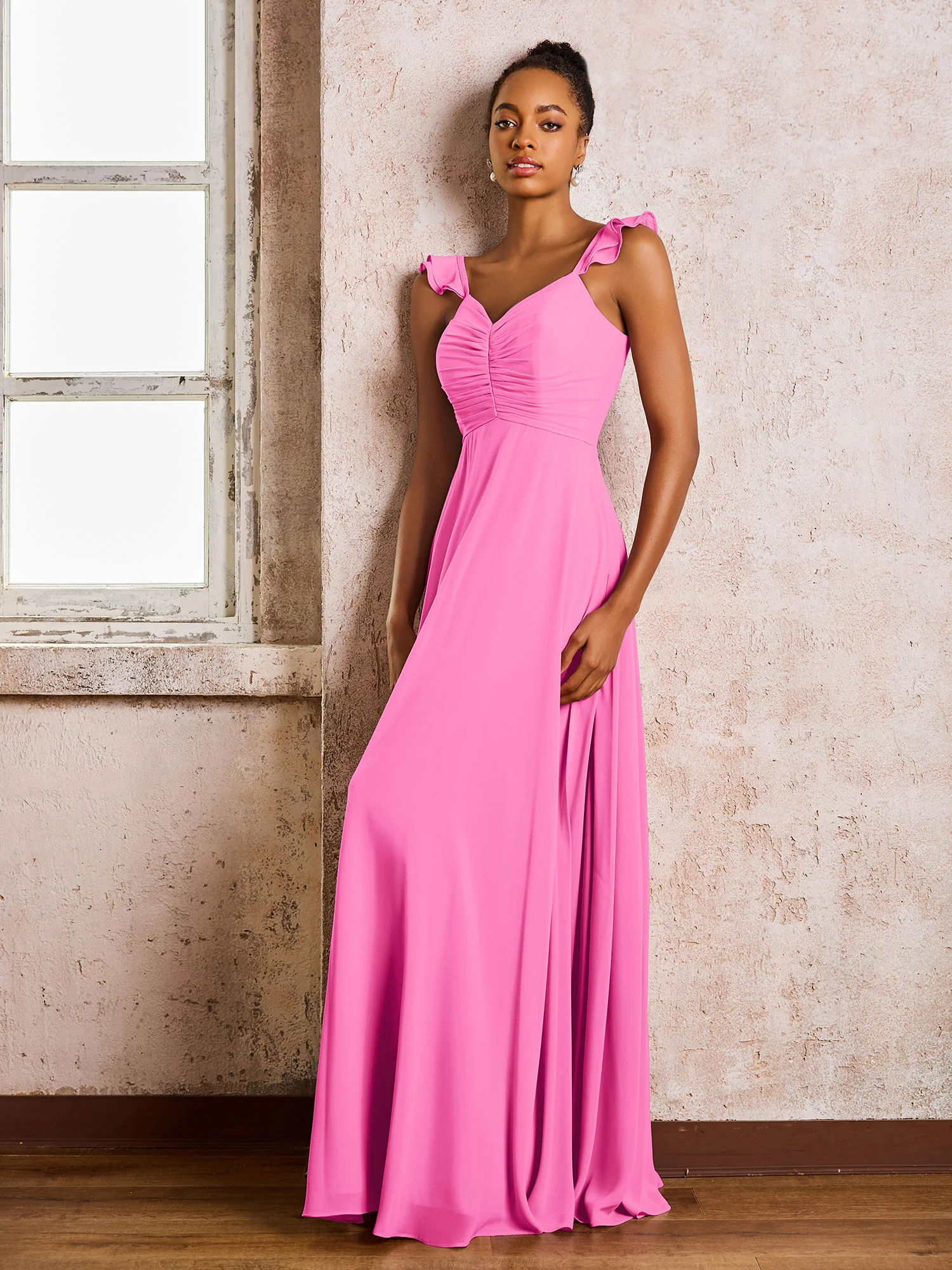 Ruched Straps Sleeveless A-line Chiffon Bridesmaid Dresses Azalea - Image 3
