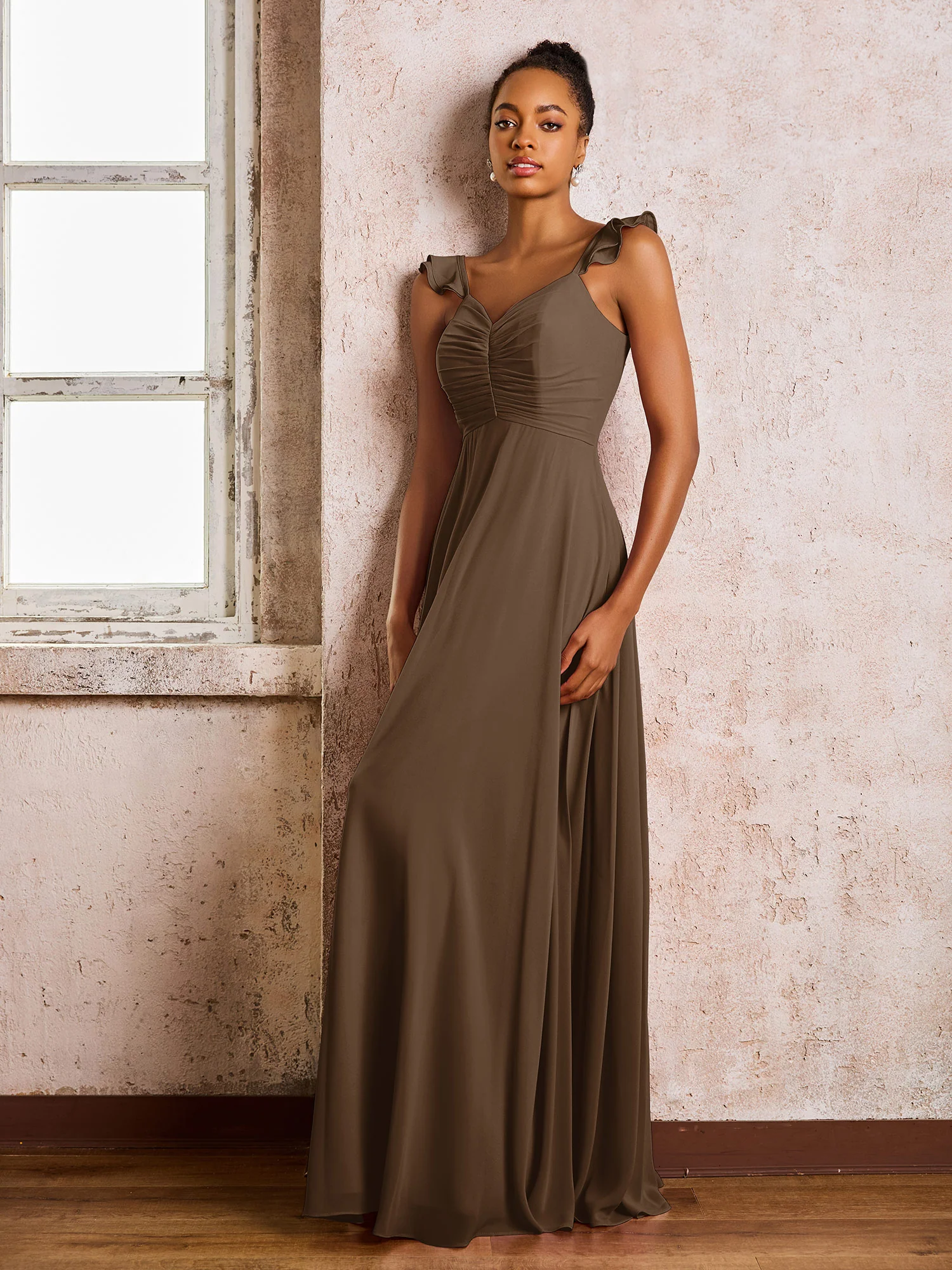Ruched Straps Sleeveless A-line Chiffon Bridesmaid Dresses Brown - Image 3