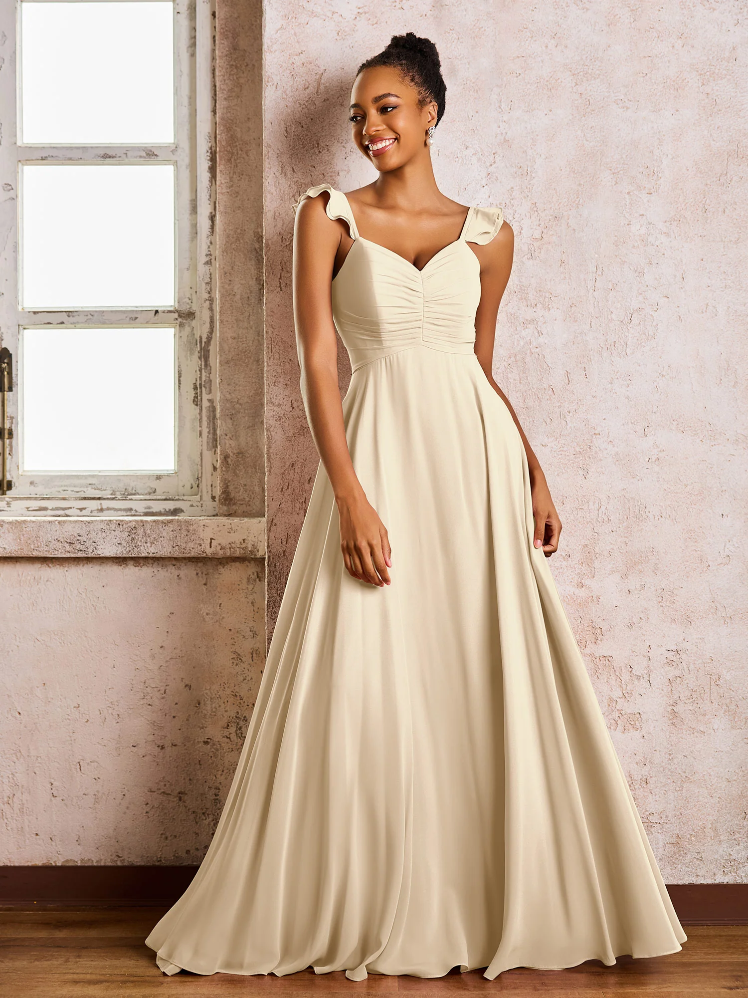 Ruched Straps Sleeveless A-line Chiffon Bridesmaid Dresses Champagne