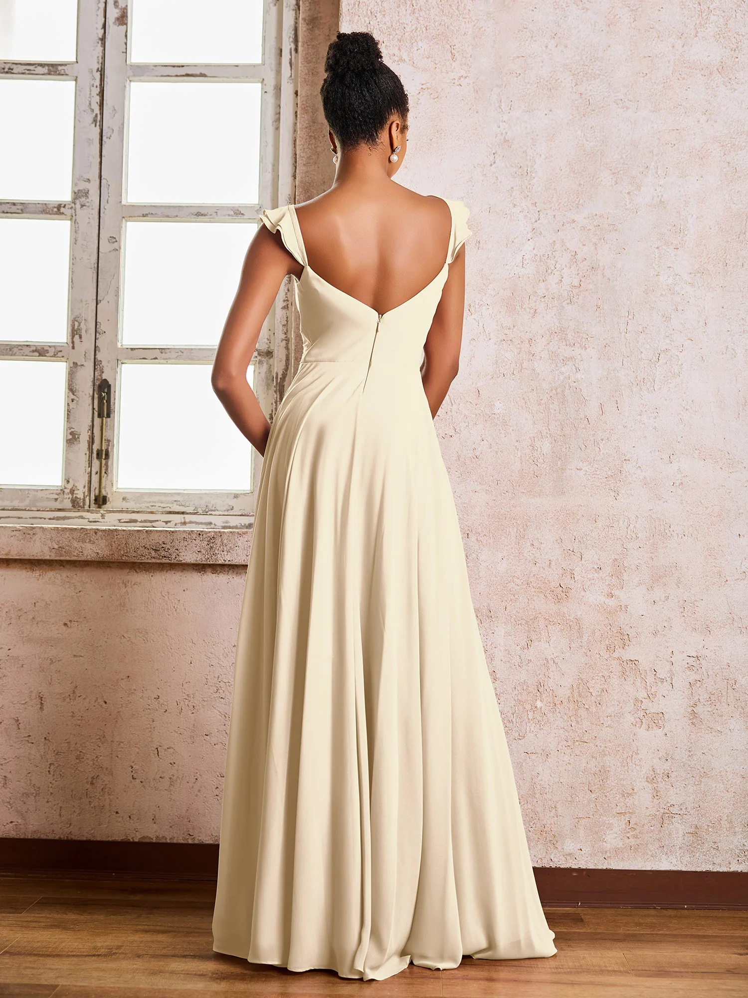 Ruched Straps Sleeveless A-line Chiffon Bridesmaid Dresses Champagne - Image 2