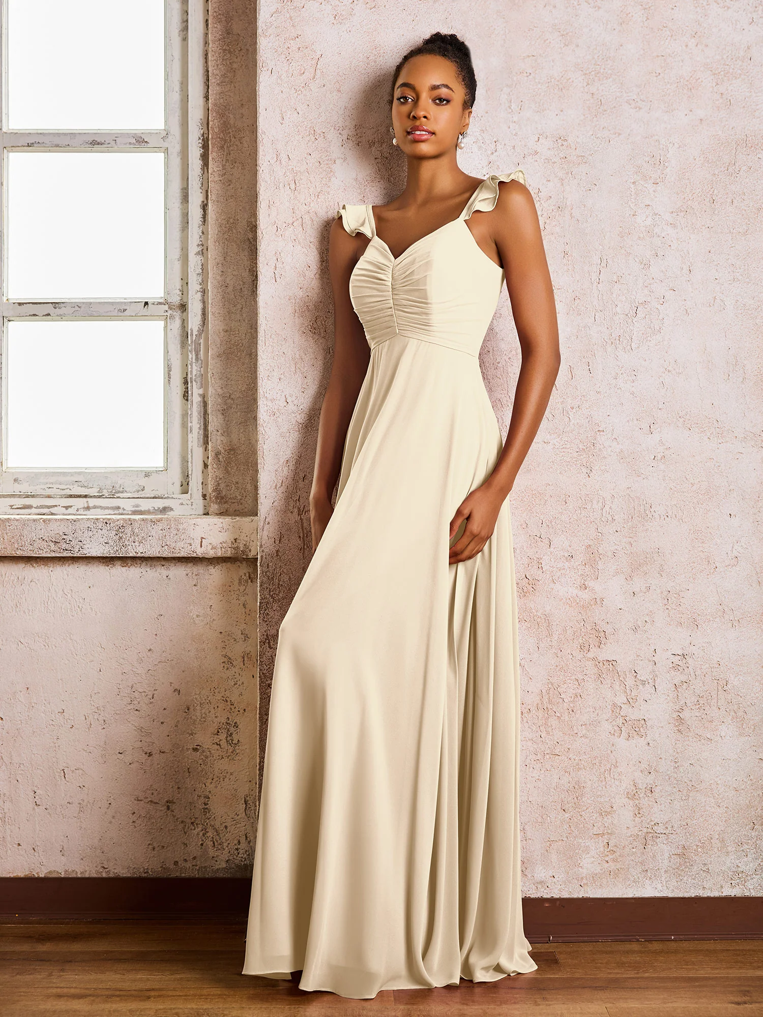 Ruched Straps Sleeveless A-line Chiffon Bridesmaid Dresses Champagne - Image 3