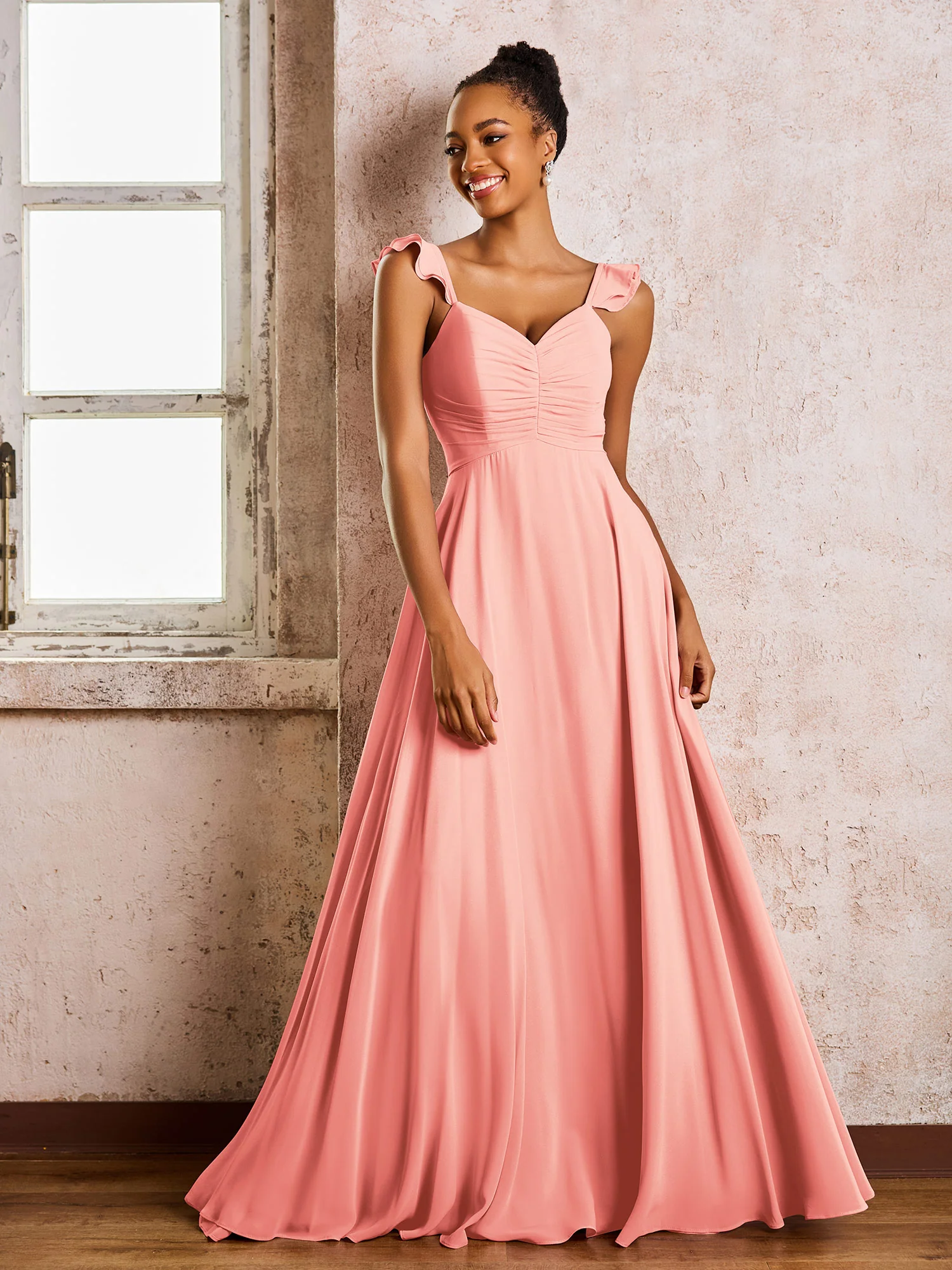 Ruched Straps Sleeveless A-line Chiffon Bridesmaid Dresses Coral