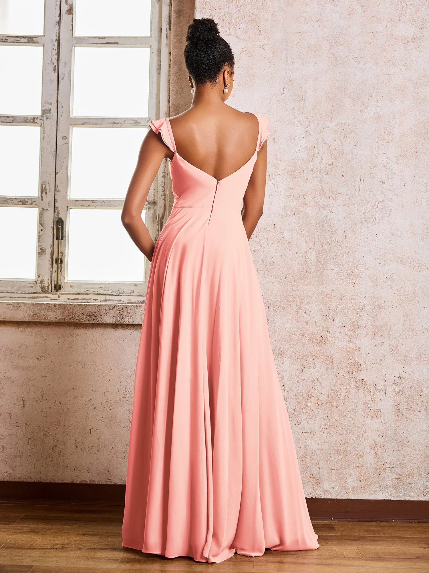 Ruched Straps Sleeveless A-line Chiffon Bridesmaid Dresses Coral - Image 2