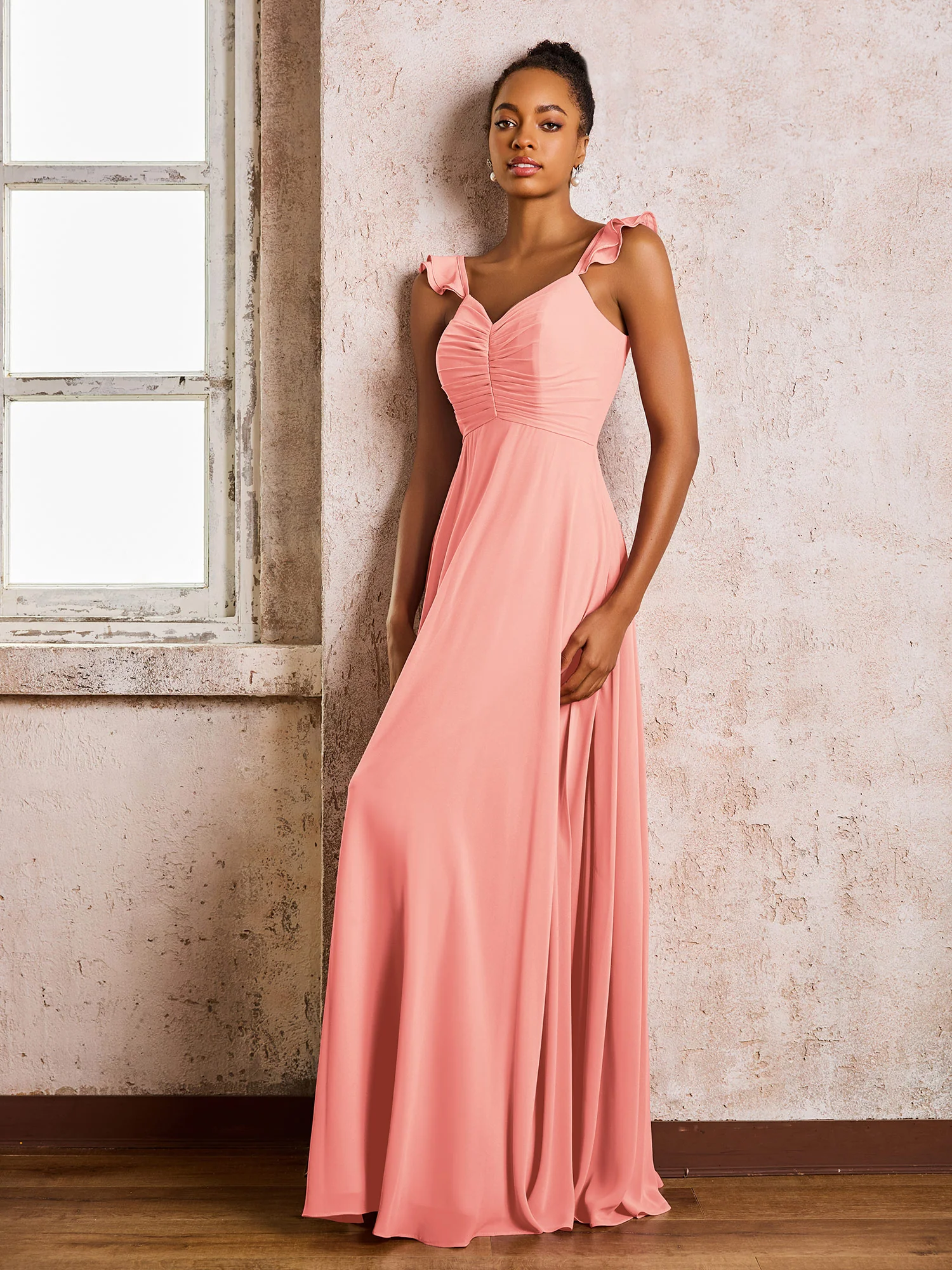 Ruched Straps Sleeveless A-line Chiffon Bridesmaid Dresses Coral - Image 3