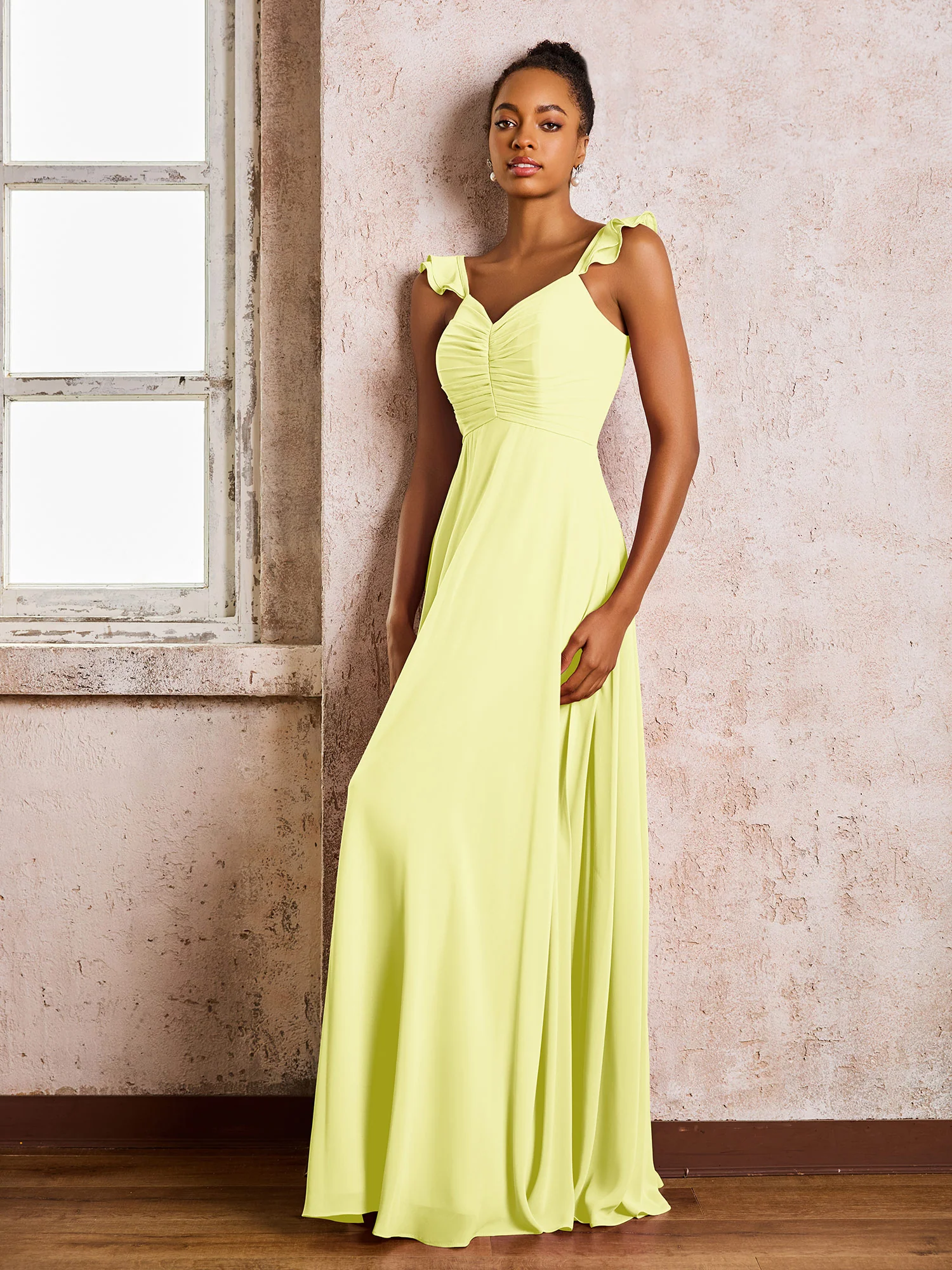 Ruched Straps Sleeveless A-line Chiffon Bridesmaid Dresses Daffodil - Image 3