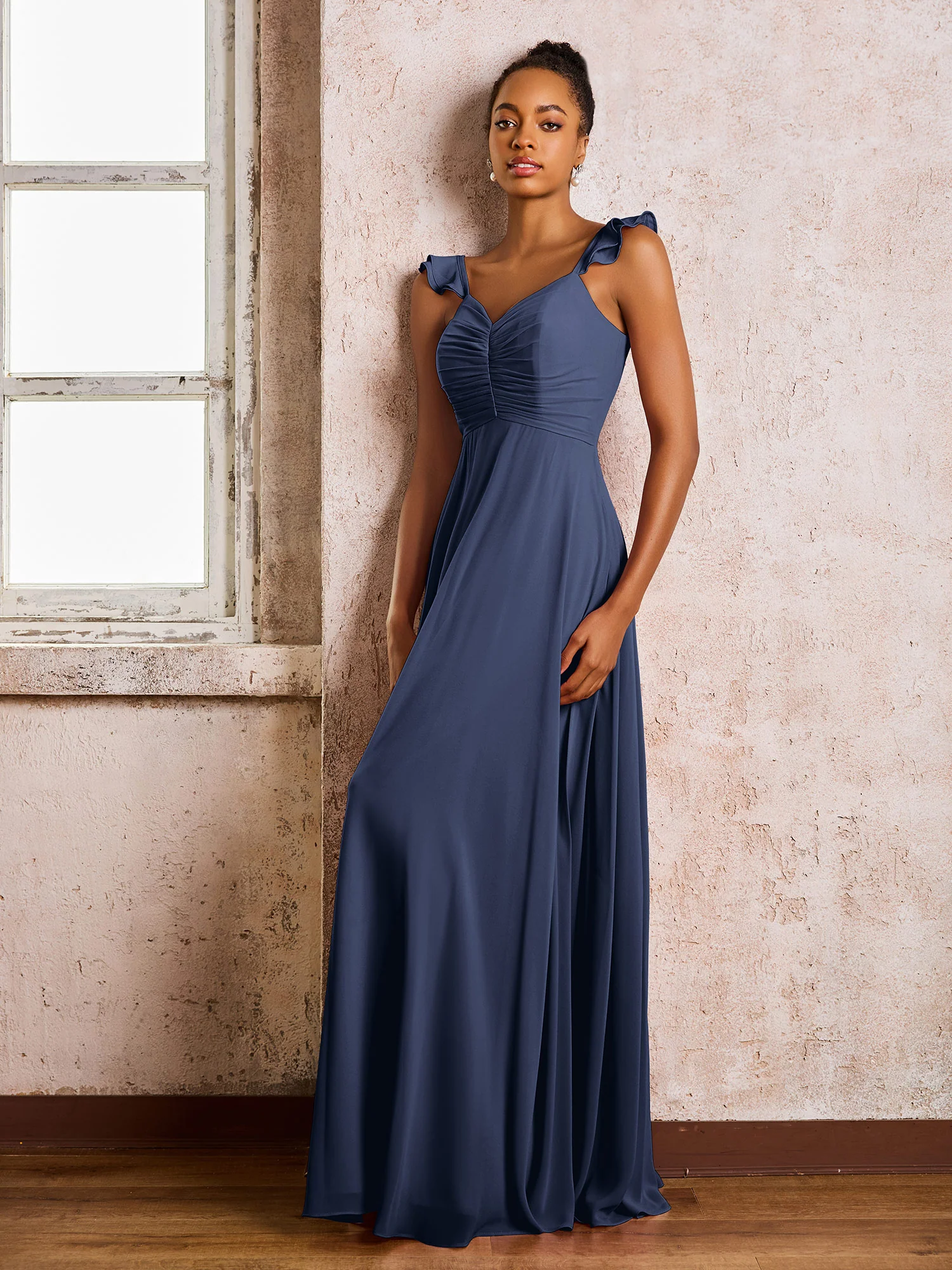Ruched Straps Sleeveless A-line Chiffon Bridesmaid Dresses Dark Navy - Image 3