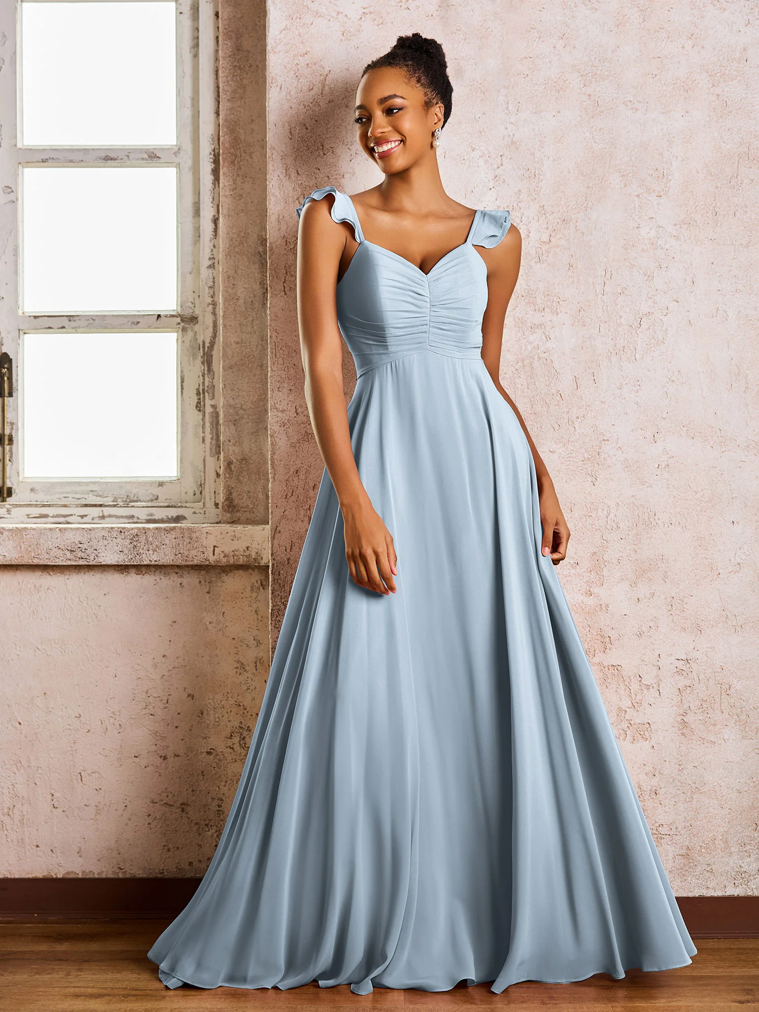 Ruched Straps Sleeveless A-line Chiffon Bridesmaid Dresses Dusty Blue