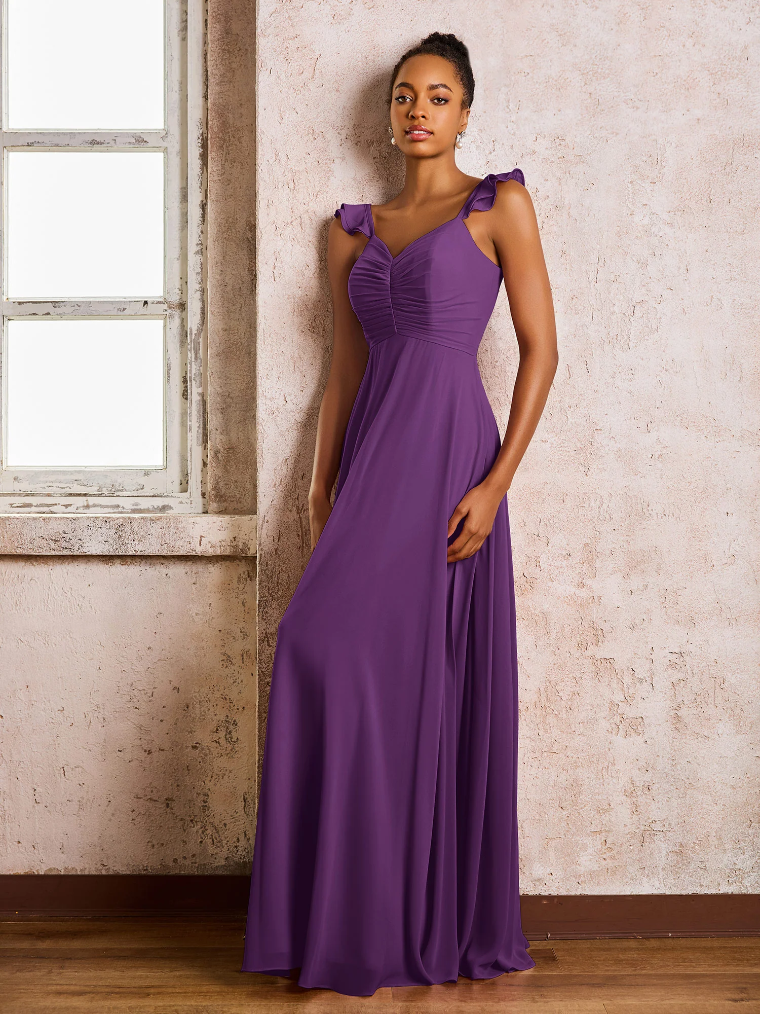 Ruched Straps Sleeveless A-line Chiffon Bridesmaid Dresses Grape - Image 3