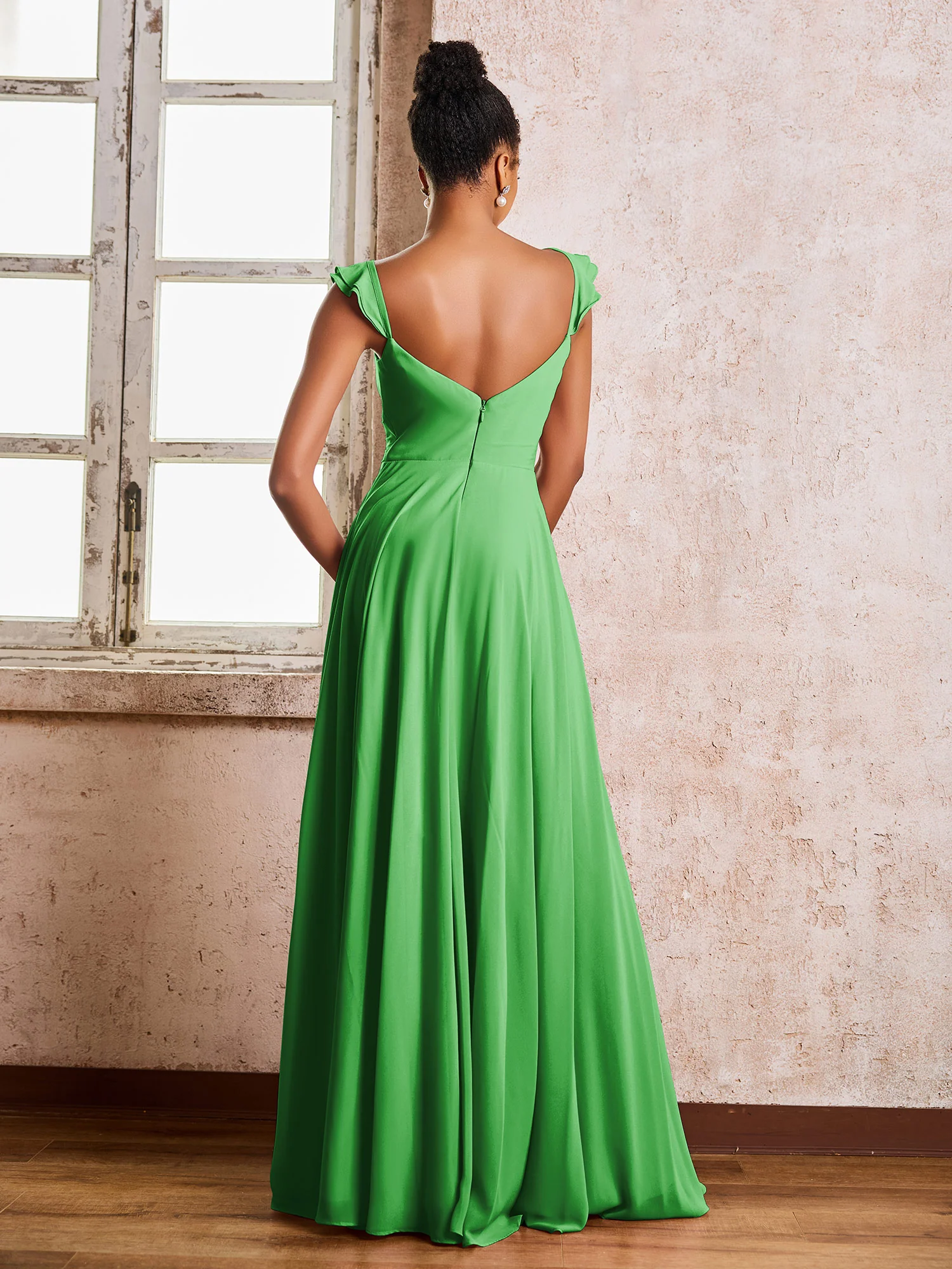 Ruched Straps Sleeveless A-line Chiffon Bridesmaid Dresses Green - Image 2