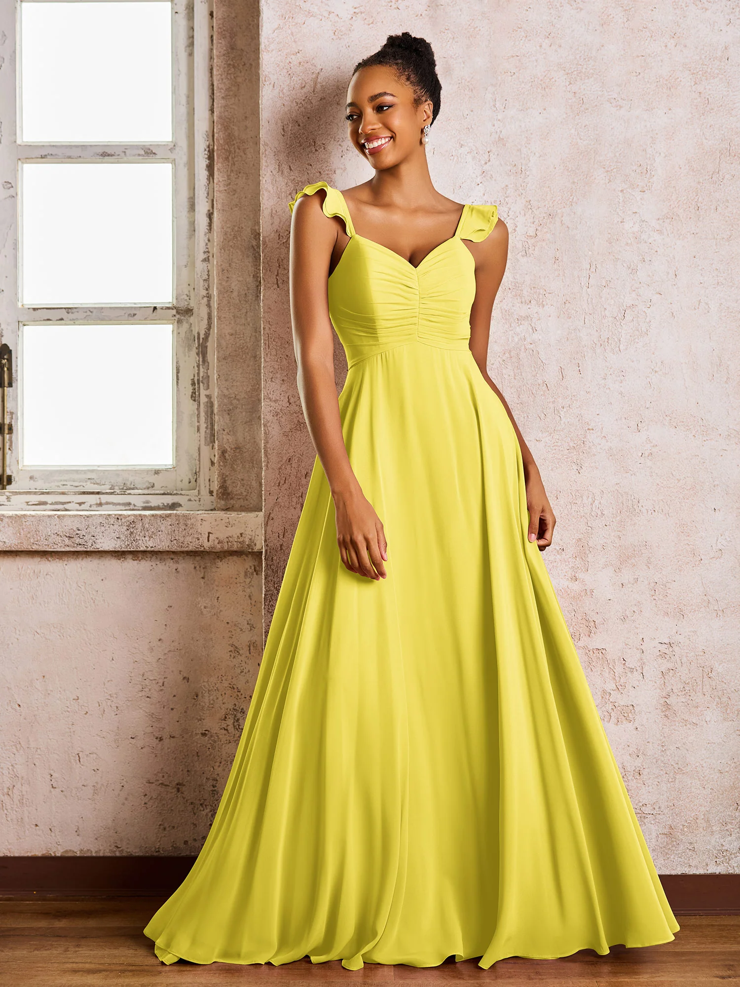 Ruched Straps Sleeveless A-line Chiffon Bridesmaid Dresses Lemon