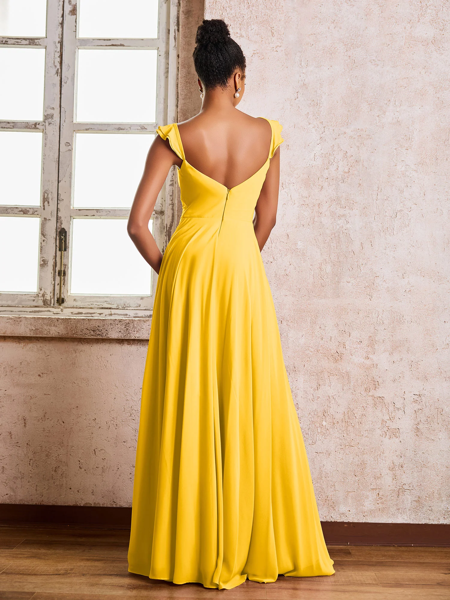 Ruched Straps Sleeveless A-line Chiffon Bridesmaid Dresses Marigold - Image 2