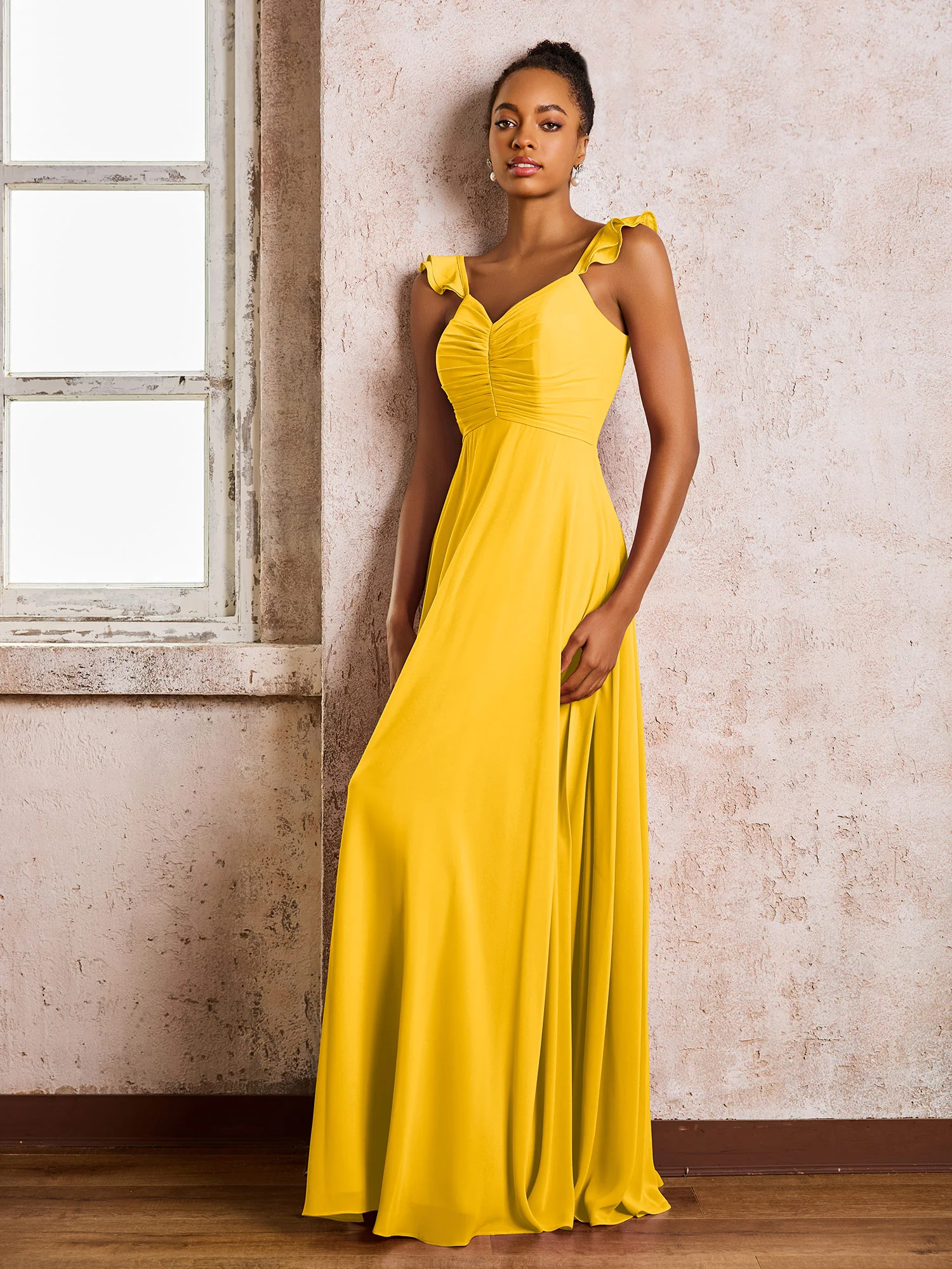 Ruched Straps Sleeveless A-line Chiffon Bridesmaid Dresses Marigold - Image 3