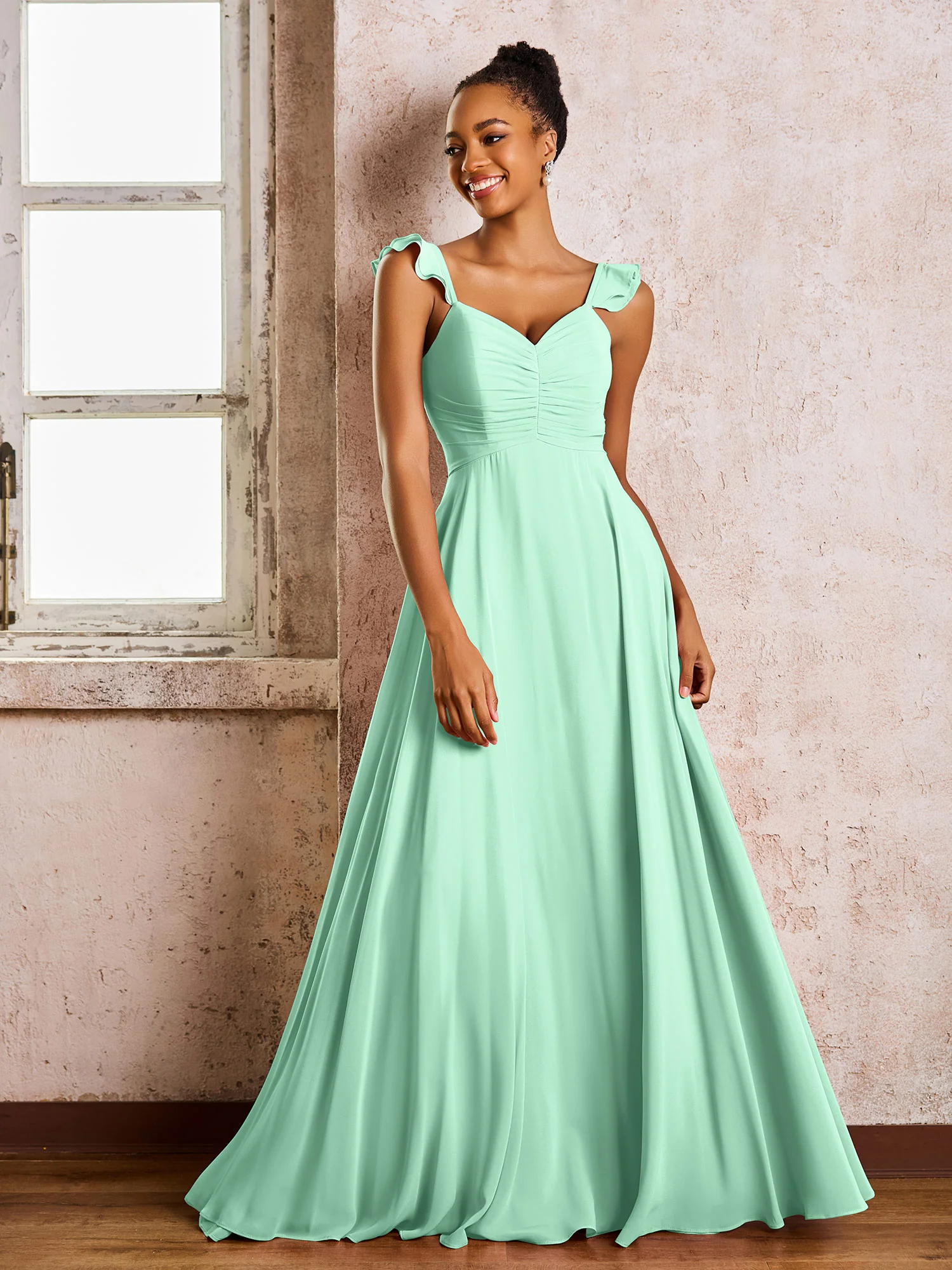 Ruched Straps Sleeveless A-line Chiffon Bridesmaid Dresses Mint Green