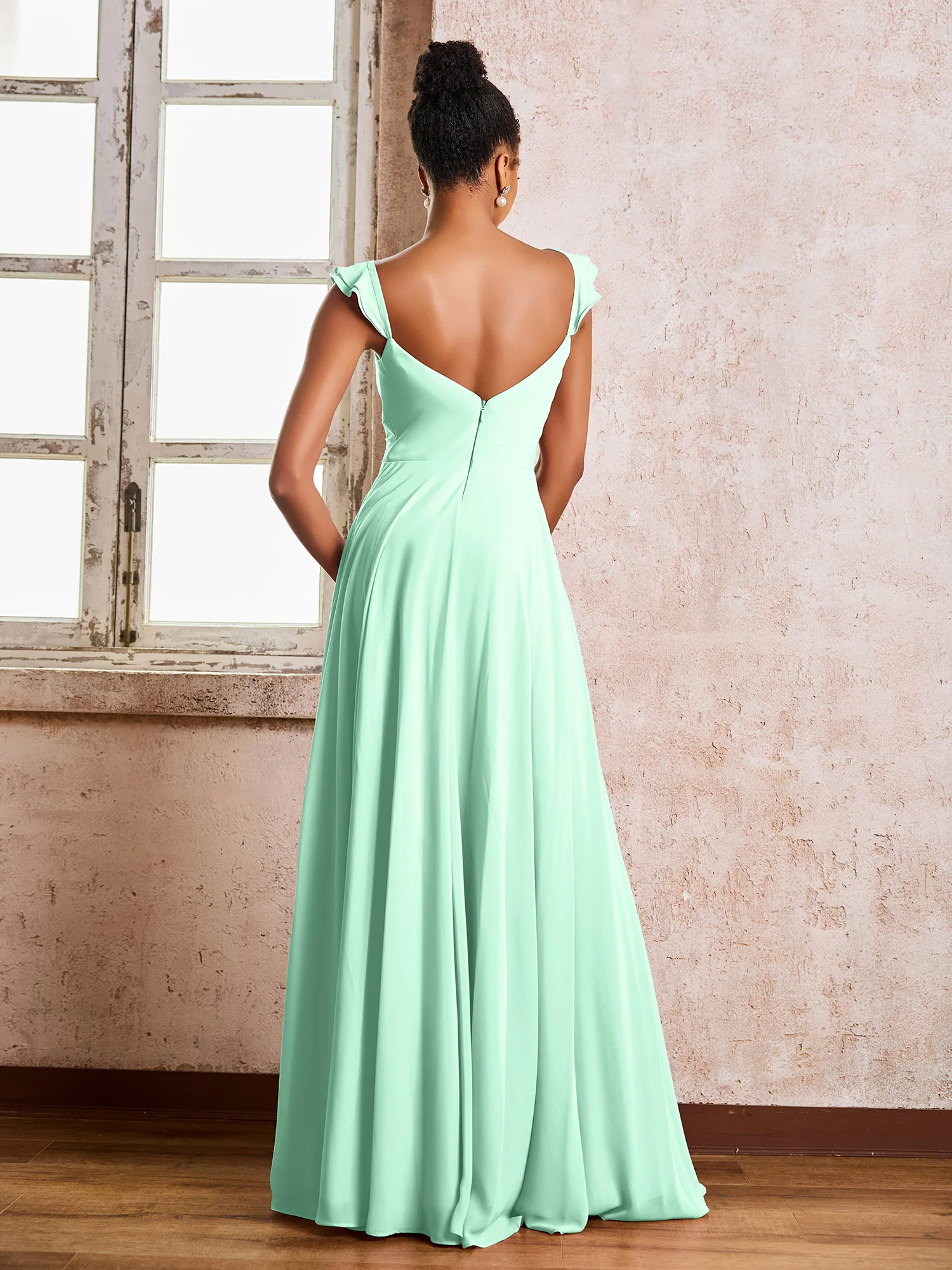 Ruched Straps Sleeveless A-line Chiffon Bridesmaid Dresses Mint Green - Image 2