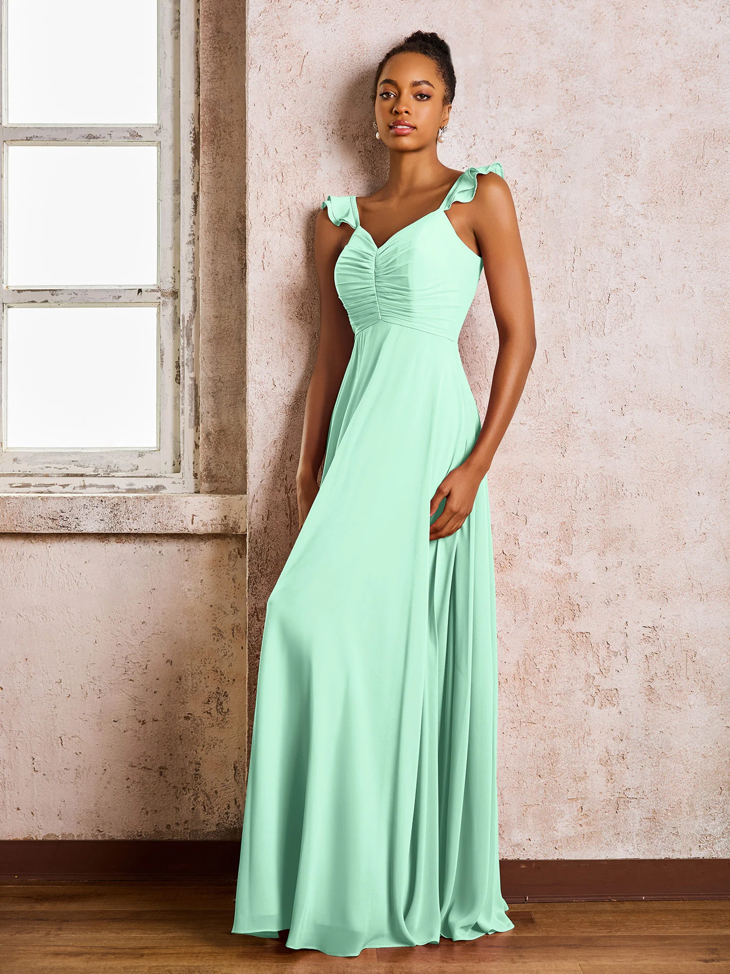 Ruched Straps Sleeveless A-line Chiffon Bridesmaid Dresses Mint Green - Image 3